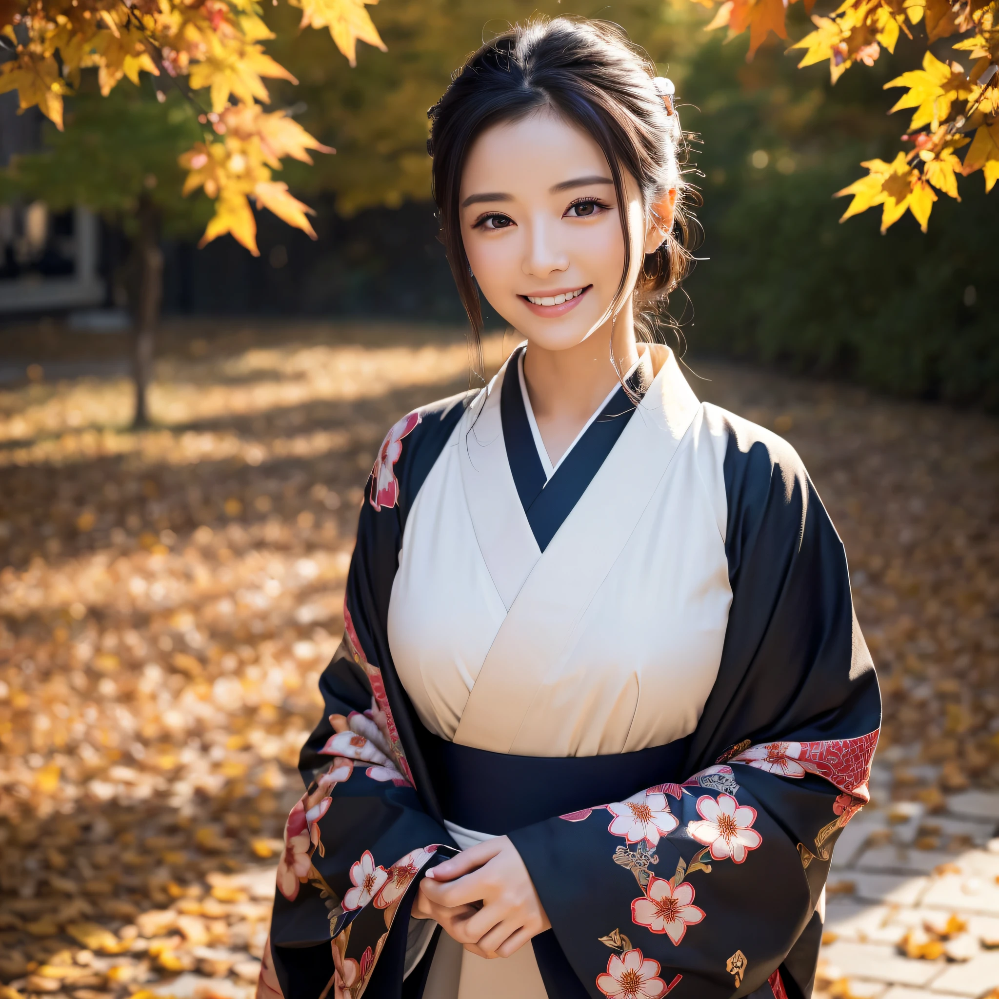 (Super beautiful woman in kimono)、((best qualtiy、8k masterpieces:1.3))、foco nítido:1.2、(ultra beautiful faces:1.0)、(shinny skin:1.0)、photos realistic、A dark-haired、Video Lighting、High-definition eyes and face、Video Lighting、Japanese actressl、from the front side、medium breasts、With a happy smile、wearing kimonos、Under the autumn leaves、highest grade obi