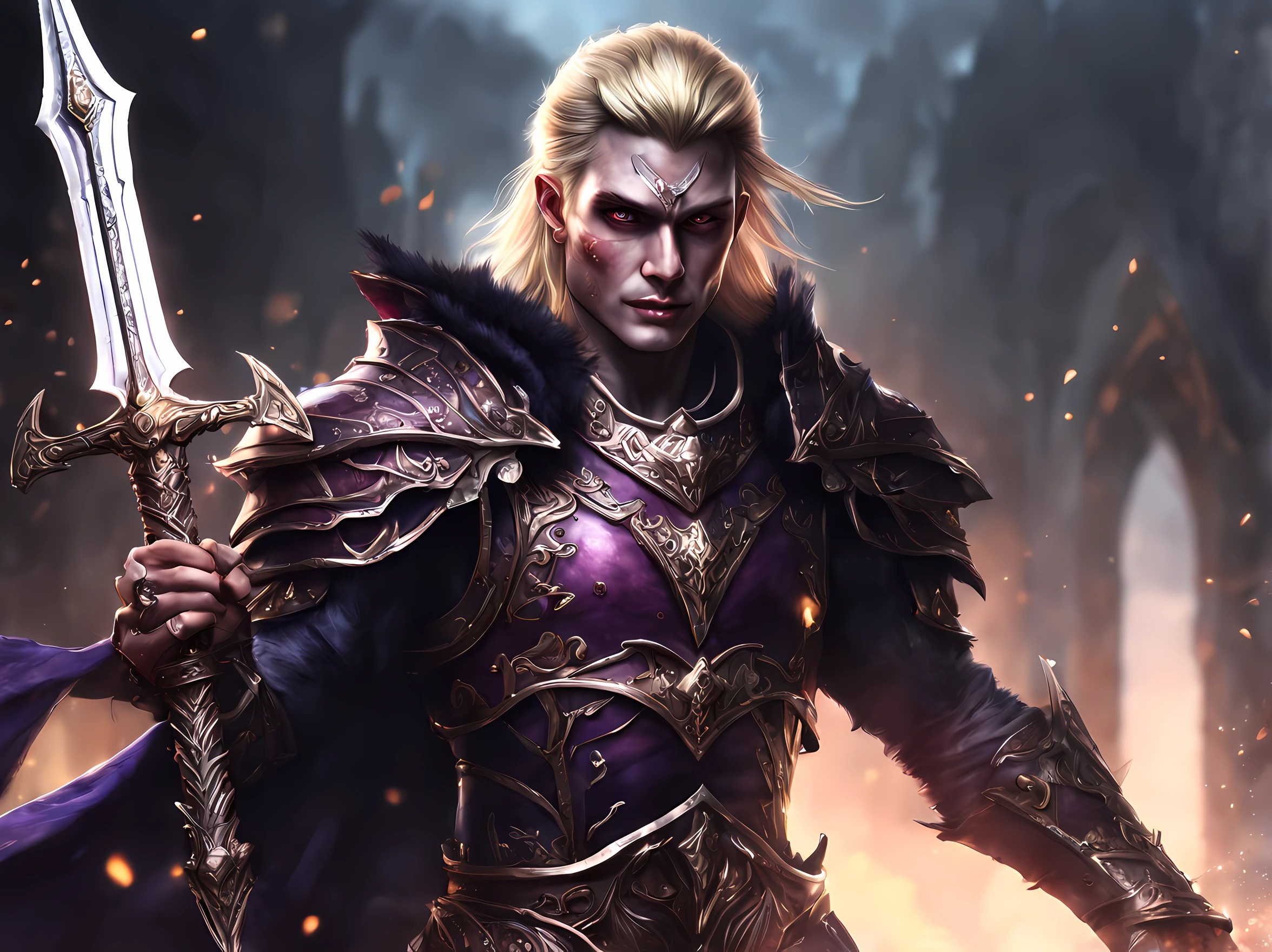fantasy art, dnd art, RPG art, drkfntasy wide shot, drkfntasy (masterpiece:1.3), full body, intense details, highly detailed, photorealistic, best quality, highres, portrait of 1male half elf (fantasy art, Masterpiece, best quality: 1.ale skin, intense details facial detail fantasy art, Masterpiece, best quality) fighter, exquisite beauty, (blond hair: 1.3), braided hair, smirking in arrogance, intense purple eyeantasy art, Masterpiece, best quality: 1.3) armed a  sword fantasysword sword (concept, fantasy art, Masterpiece, best quality: 1.3) wearing heavy (heavy armor, wearing) wearing laced boots, wearing a cloak, smiling an arrogant smile, standing in fantasy street, there are (dark red clouds: 1.3) , (dark yellows clouds: 1.3) above, sense of gloom, sense of dread, depth of field, reflection light, high details, best quality, 16k, [ultra detailed], masterpiece, best quality, (extremely detailed), dynamic angle, ultra wide shot, photorealistic, RAW, fantasy art, dnd art, fantasy art, realistic ar