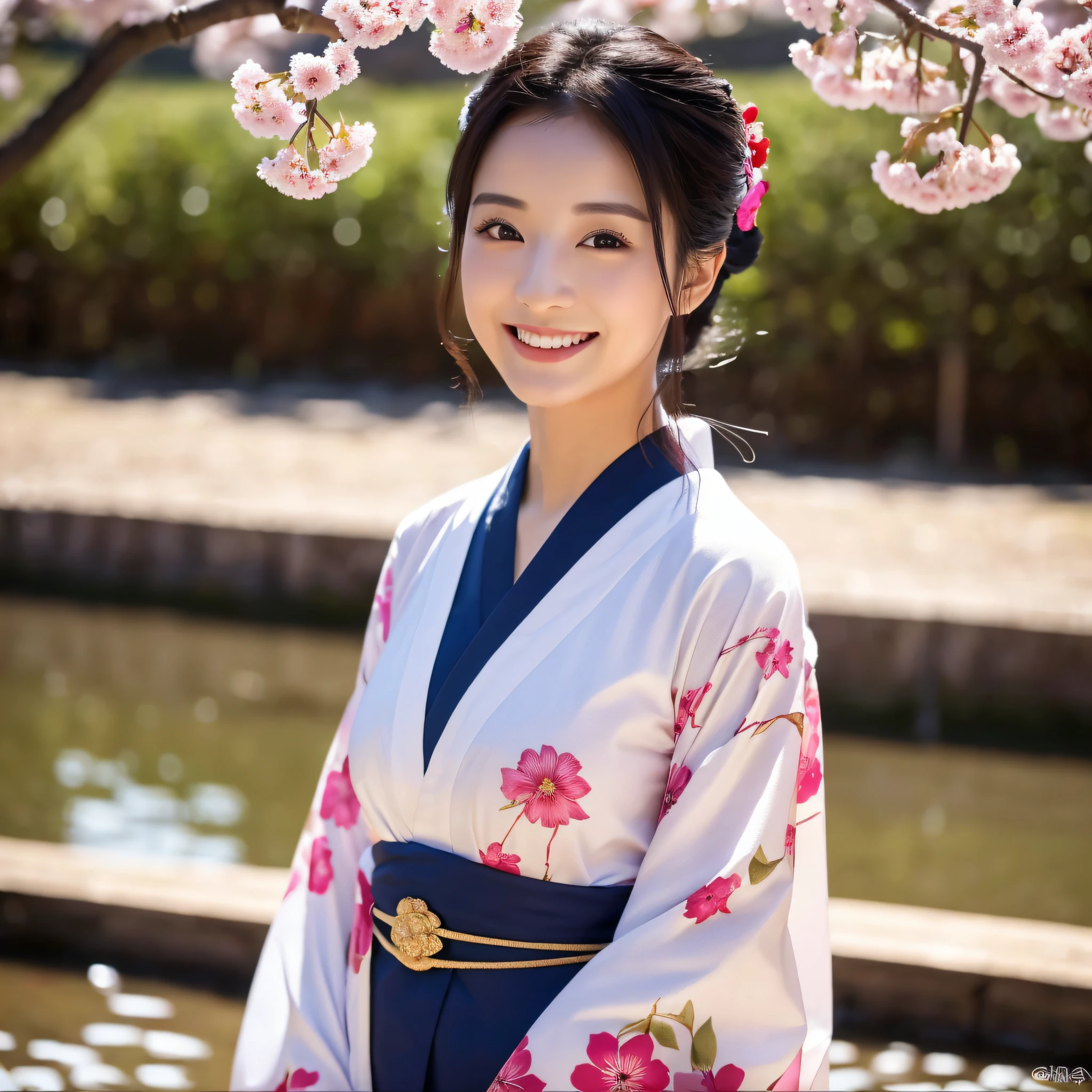 (Super beautiful woman in kimono)、((best qualtiy、8k masterpieces:1.3))、foco nítido:1.2、(ultra beautiful faces:1.0)、(shinny skin:1.0)、photos realistic、A dark-haired、Video Lighting、High-definition eyes and face、Video Lighting、Japanese actressl、from the front side、medium breasts、With a happy smile、Slender Abs Beauty、Whole body、wearing kimonos、cherry blossom in full bloom、luxury obi