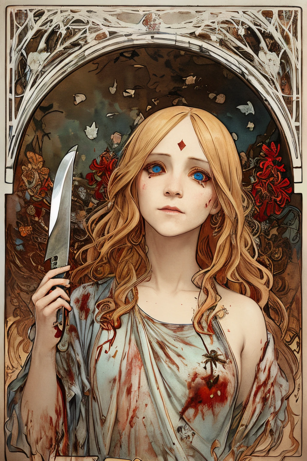 SFW,masutepiece, Best Quality, High resolution, 1girl, upper body, Details , detail hands, Detail fingers, Detail Face, detail legs, watercolor paiting, in graveyard, blonde hair, long hair, wavy hair, tattered clothes, blue eyes, zombie, skull, bone, (art nouveau:1.25), Maximalism artstyle, neon theme, suprematism, crying, beautiful detailed eyes,hyper detailed, beautifuly color, high details, high quality, back light, upper body , high quality, hair with body, cluster amaryllis, rotungwoka person, knife, in village, dead flower, bloody