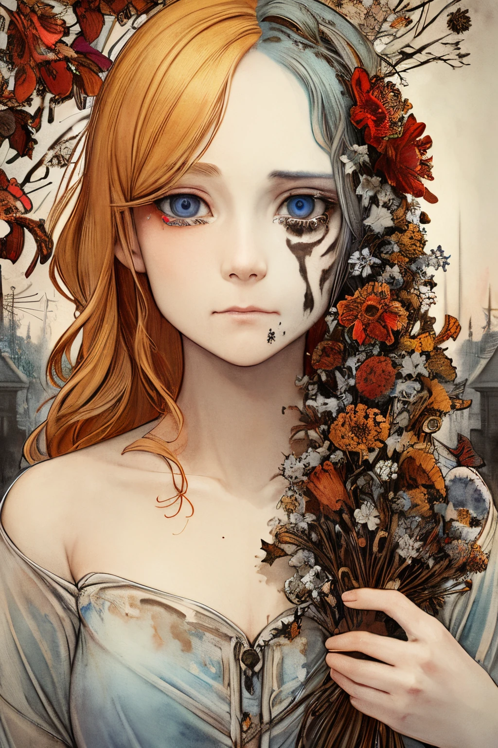 SFW,masutepiece, Best Quality, High resolution, 1girl, upper body, Details , detail hands, Detail fingers, Detail Face, detail legs, watercolor paiting, in graveyard, blonde hair, long hair, wavy hair, tattered clothes, blue eyes, zombie, skull, bone, (art nouveau:1.25), Maximalism artstyle, neon theme, suprematism, crying, beautiful detailed eyes,hyper detailed, beautifuly color, high details, high quality, back light, upper body , high quality, hair with body, cluster amaryllis, rotungwoka person, knife, in village, dead flower, bloody