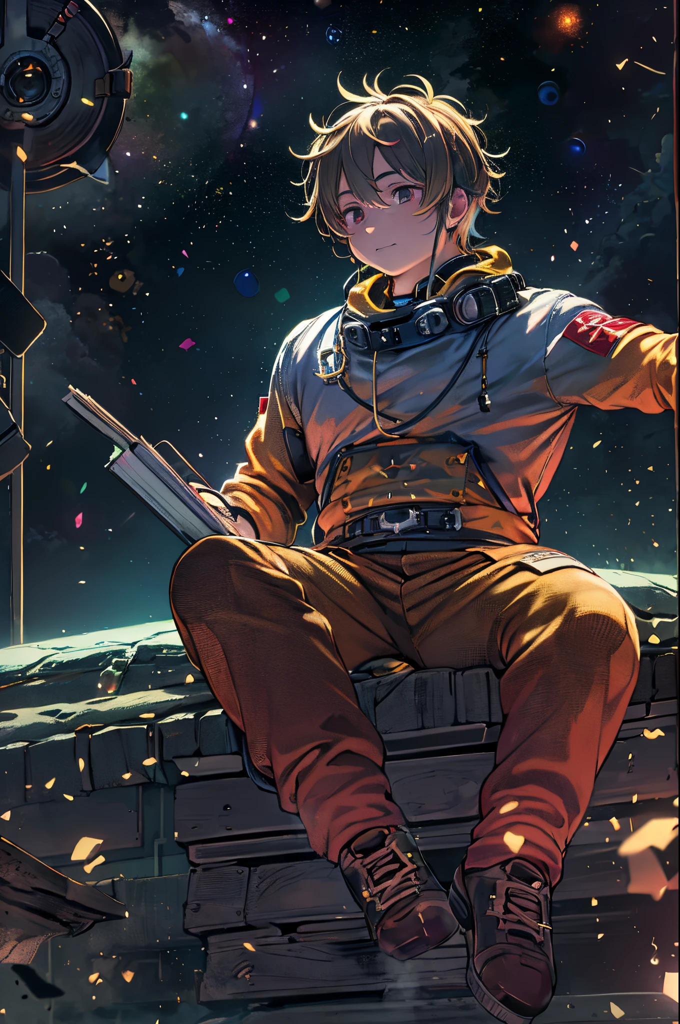 Drawing a young programmer, sitting on a research platform floating in the middle of an asteroid belt. He is studying with a notebook, surrounded by several asteroids glowing with fiery auras. Dramatic lighting from distant stars and planets illuminates the scene, casting deep shadows on the suit. The young man looks confident and determined, Looking at the vast and mysterious universe with wonder and respect,facial hairs, Cowboy Shot,