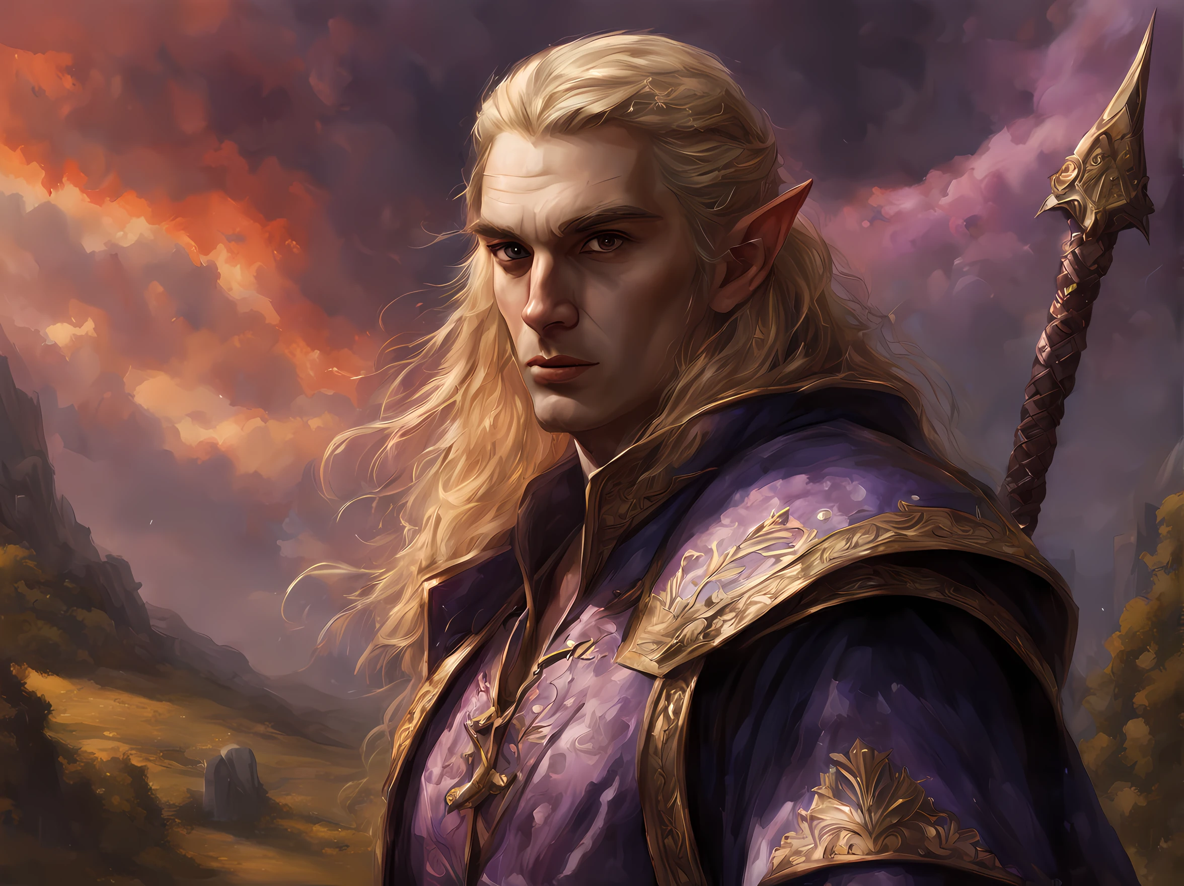 fantasy art, dnd art, RPG art, wide shot, drkfntasy (masterpiece:1.3), full body, intense details, highly detailed, photorealistic, best quality, highres, portrait of 1male half elf (fantasy art, Masterpiece, best quality: 1.ale skin, intense details facial detail (fantasy art, Masterpiece, best quality: 1.4) bard, exquisite beauty, (blond hair: 1.3), braided hair, smirking in arrogance, intense purple eyeantasy art, Masterpiece, best quality: 1.3) holding a harp (fantasy art, Masterpiece, best quality: 1.4)wearing heavy (heavy armor, wearing) wearing laced boots, wearing a cloak, smiling an arrogant smile, standing in fantasy street, there are (dark red clouds: 1.3) , (dark yellows clouds: 1.3) above, sense of gloom, sense of dread, depth of field, reflection light, high details, best quality, 16k, [ultra detailed], masterpiece, best quality, (extremely detailed), dynamic angle, ultra wide shot, photorealistic, RAW, fantasy art, dnd art, fantasy art, realistic ar