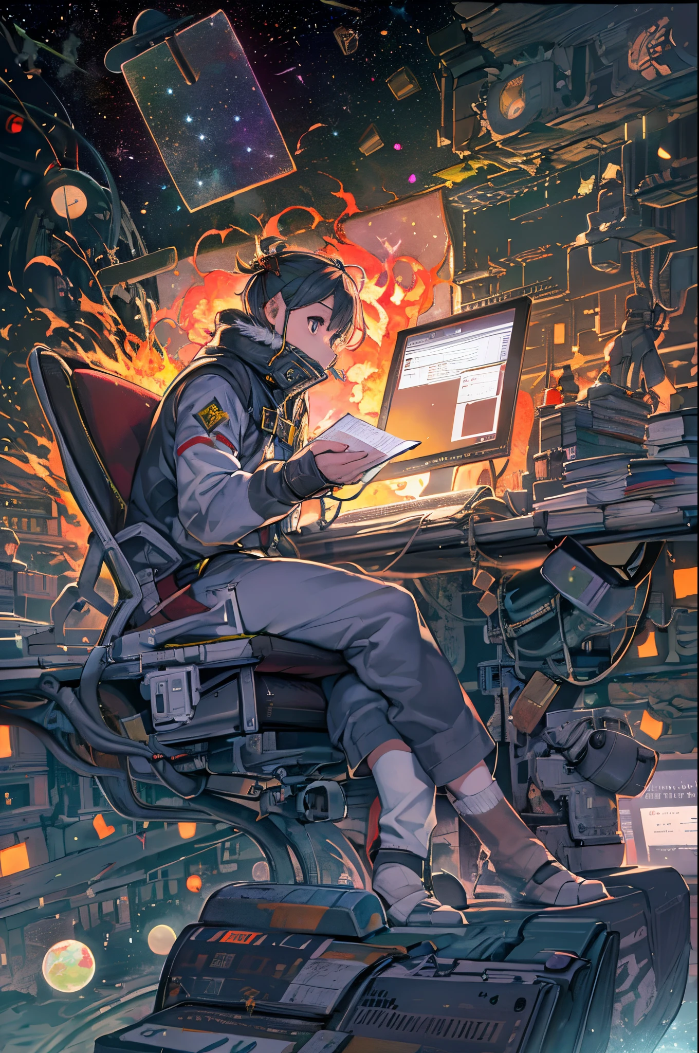 Drawing a young programmer, sitting on a research platform floating in the middle of an asteroid belt. He is studying with a notebook, surrounded by several asteroids glowing with fiery auras. Dramatic lighting from distant stars and planets illuminates the scene, casting deep shadows on the suit. The young man looks confident and determined, Looking at the vast and mysterious universe with wonder and respect,facial hairs, Cowboy Shot,