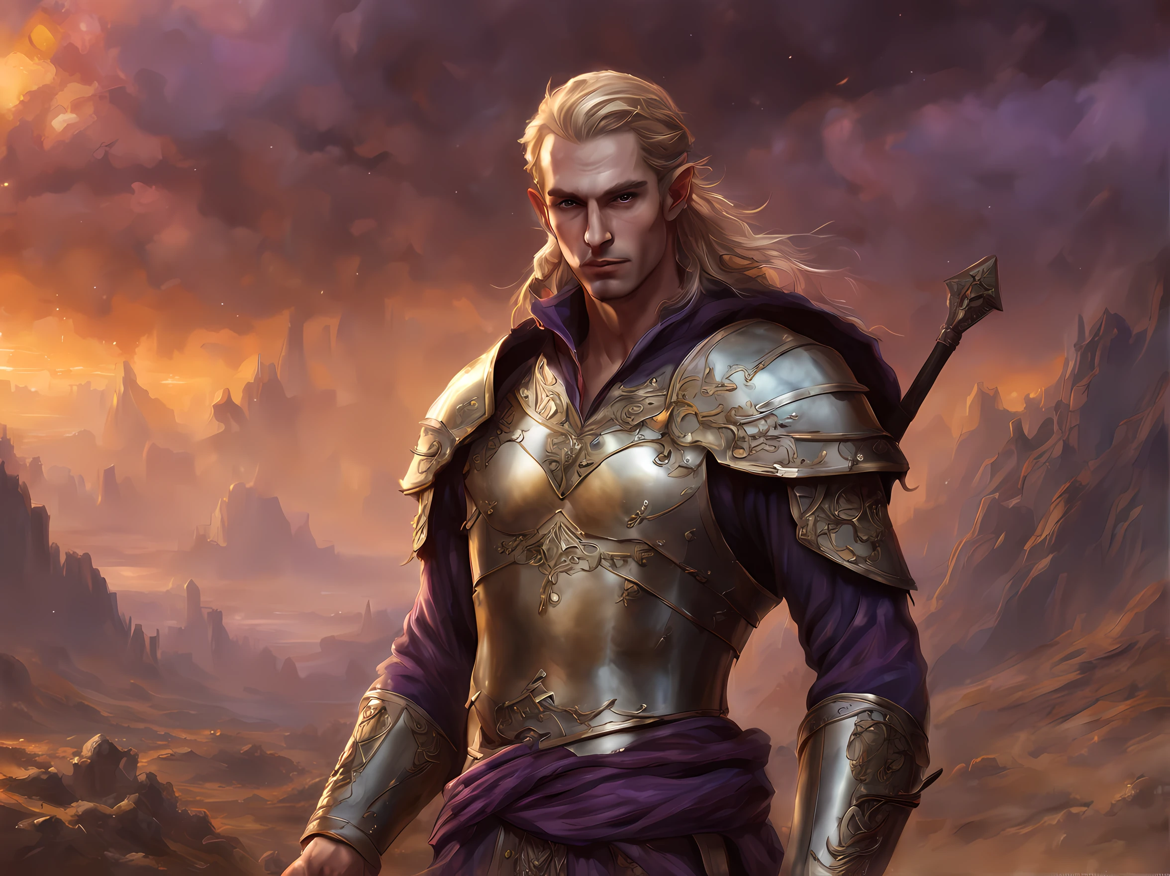 fantasy art, dnd art, RPG art, wide shot, drkfntasy (masterpiece:1.3), full body, intense details, highly detailed, photorealistic, best quality, highres, portrait of 1male half elf (fantasy art, Masterpiece, best quality: 1.ale skin, intense details facial detail (fantasy art, Masterpiece, best quality: 1.4) bard, exquisite beauty, (blond hair: 1.3), braided hair, smirking in arrogance, intense purple eyeantasy art, Masterpiece, best quality: 1.3) holding a harp (fantasy art, Masterpiece, best quality: 1.4)wearing heavy (heavy armor, wearing) wearing laced boots, wearing a cloak, smiling an arrogant smile, standing in fantasy street, there are (dark red clouds: 1.3) , (dark yellows clouds: 1.3) above, sense of gloom, sense of dread, depth of field, reflection light, high details, best quality, 16k, [ultra detailed], masterpiece, best quality, (extremely detailed), dynamic angle, ultra wide shot, photorealistic, RAW, fantasy art, dnd art, fantasy art, realistic ar