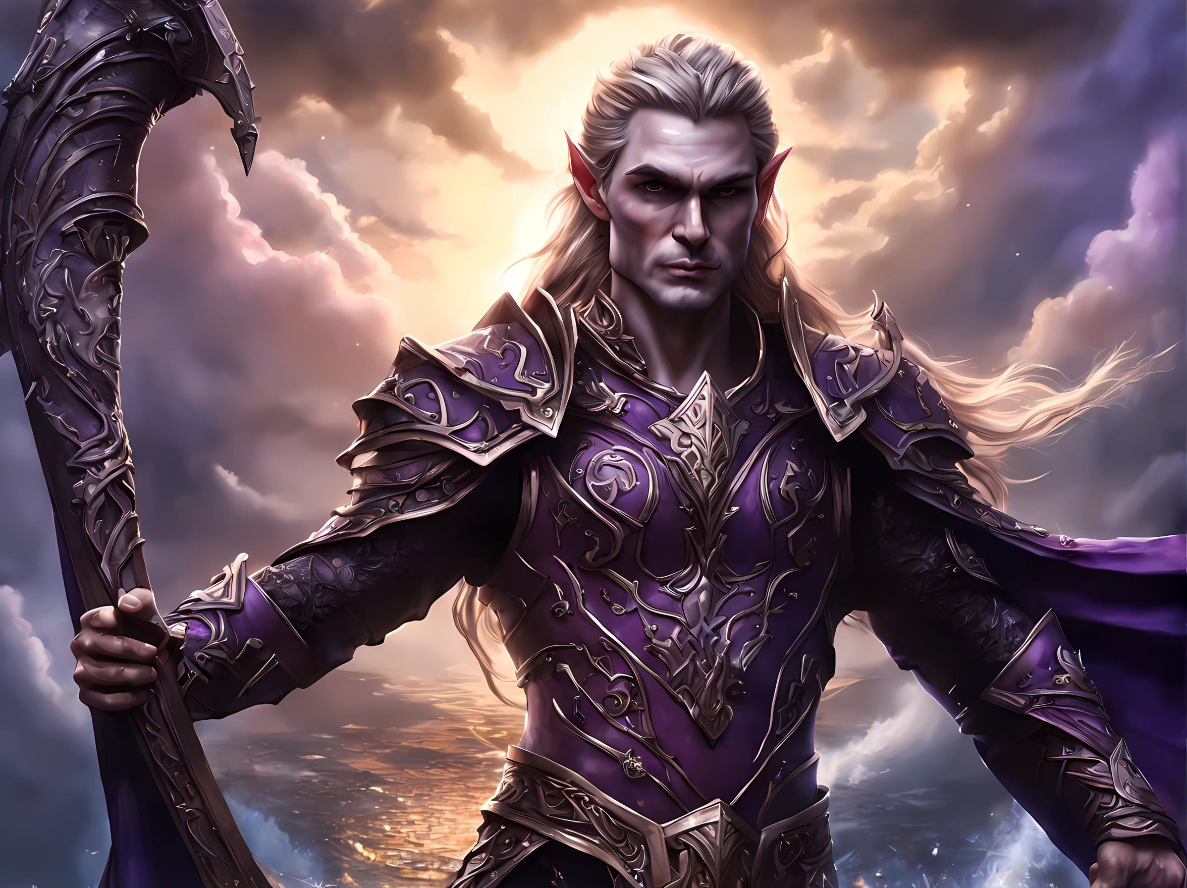 fantasy art, dnd art, RPG art, wide shot, drkfntasy (masterpiece:1.3), full body, intense details, highly detailed, photorealistic, best quality, highres, portrait of 1male half elf (fantasy art, Masterpiece, best quality: 1.ale skin, intense details facial detail (fantasy art, Masterpiece, best quality: 1.4) bard, exquisite beauty, (blond hair: 1.3), braided hair, smirking in arrogance, intense purple eyeantasy art, Masterpiece, best quality: 1.3) holding a harp (fantasy art, Masterpiece, best quality: 1.4)wearing heavy (heavy armor, wearing) wearing laced boots, wearing a cloak, smiling an arrogant smile, standing in fantasy street, there are (dark red clouds: 1.3) , (dark yellows clouds: 1.3) above, sense of gloom, sense of dread, depth of field, reflection light, high details, best quality, 16k, [ultra detailed], masterpiece, best quality, (extremely detailed), dynamic angle, ultra wide shot, photorealistic, RAW, fantasy art, dnd art, fantasy art, realistic art