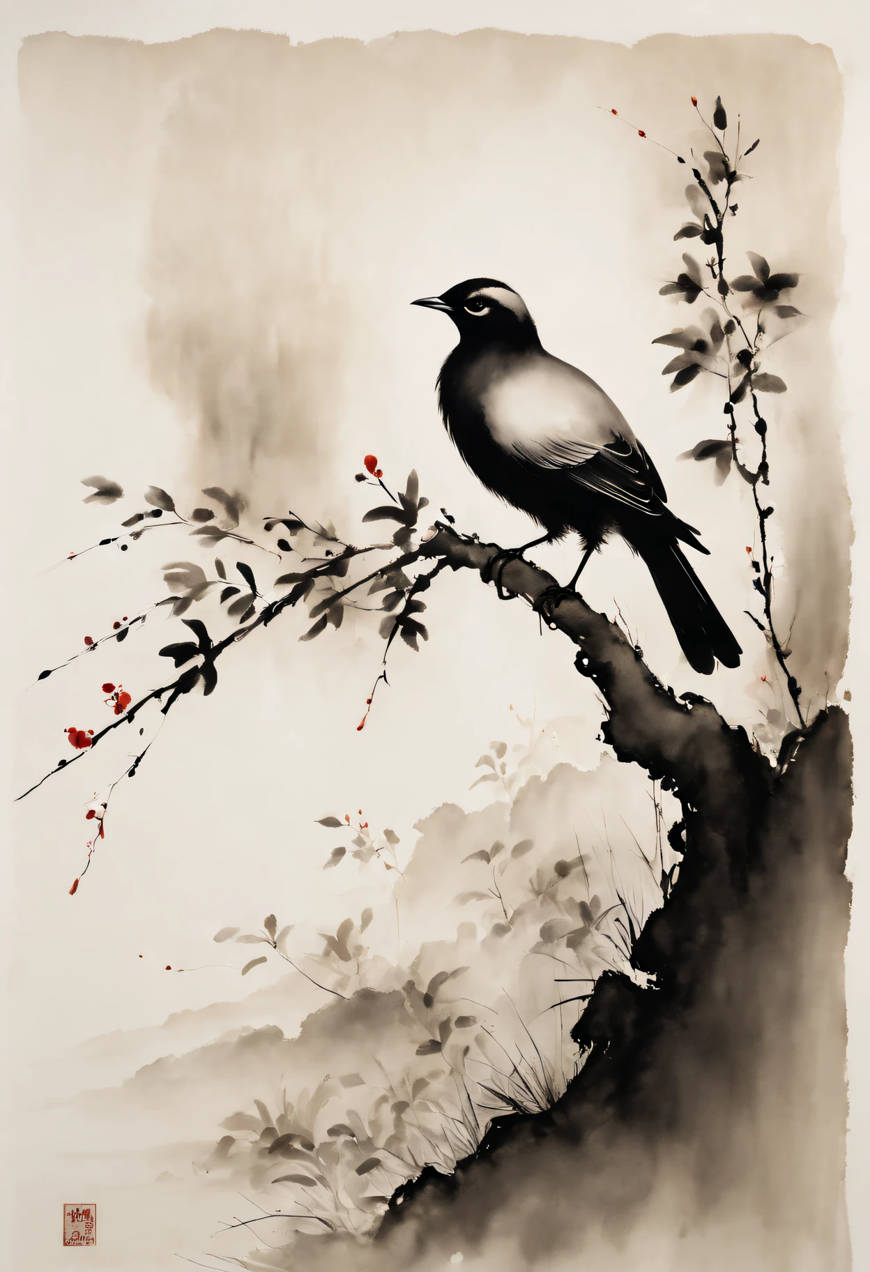 (Best quality at best,A high resolution,tmasterpiece:1.2),ultra - detailed,ink and watercolor painting,maximalist,Chinese,birds in branches,Loose brushstrokes, artworks,subtletextures,Elegant and ,Dynamic ink flow,expressive ink,Black and white,Striking,finely detailled,zen feeling,Traditional technology,Artistic interpretation,tranquil ambiance,minimalist aesthetic,Calm atmosphere,full of symbolic meaning,Subtle gradients,harmonious balance,atmosphric perspective,peaceful tranquility,sparse background,Thoughtful touches,Powerful simplicity,Peaceful nature,Balance of positive and negative space,Beautiful movements,Lively brushstrokes,nature harmony,EtherealBeauty,traditional pen and ink techniques,calm expression,artistic minimalism,The tranquility of nature,delicated lines,Fantastical Atmosphere,soothing black ink,Subtle ink,Symbolic imagery