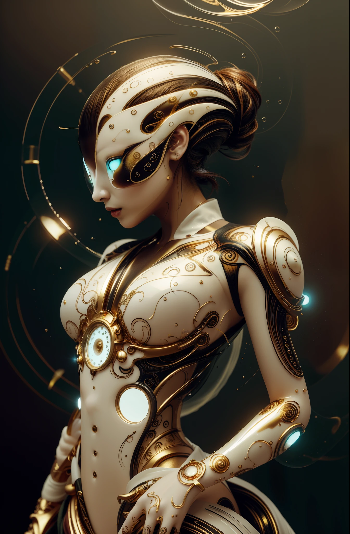 Alberto seveso art, Japanese woman dancing sillhouette, water ink, gold ink water, white ink cloud, bubbles, alberto seveso art, loose painting style, intricate detail, cinematic lighting, octane render, 8k render, volumetric lighting