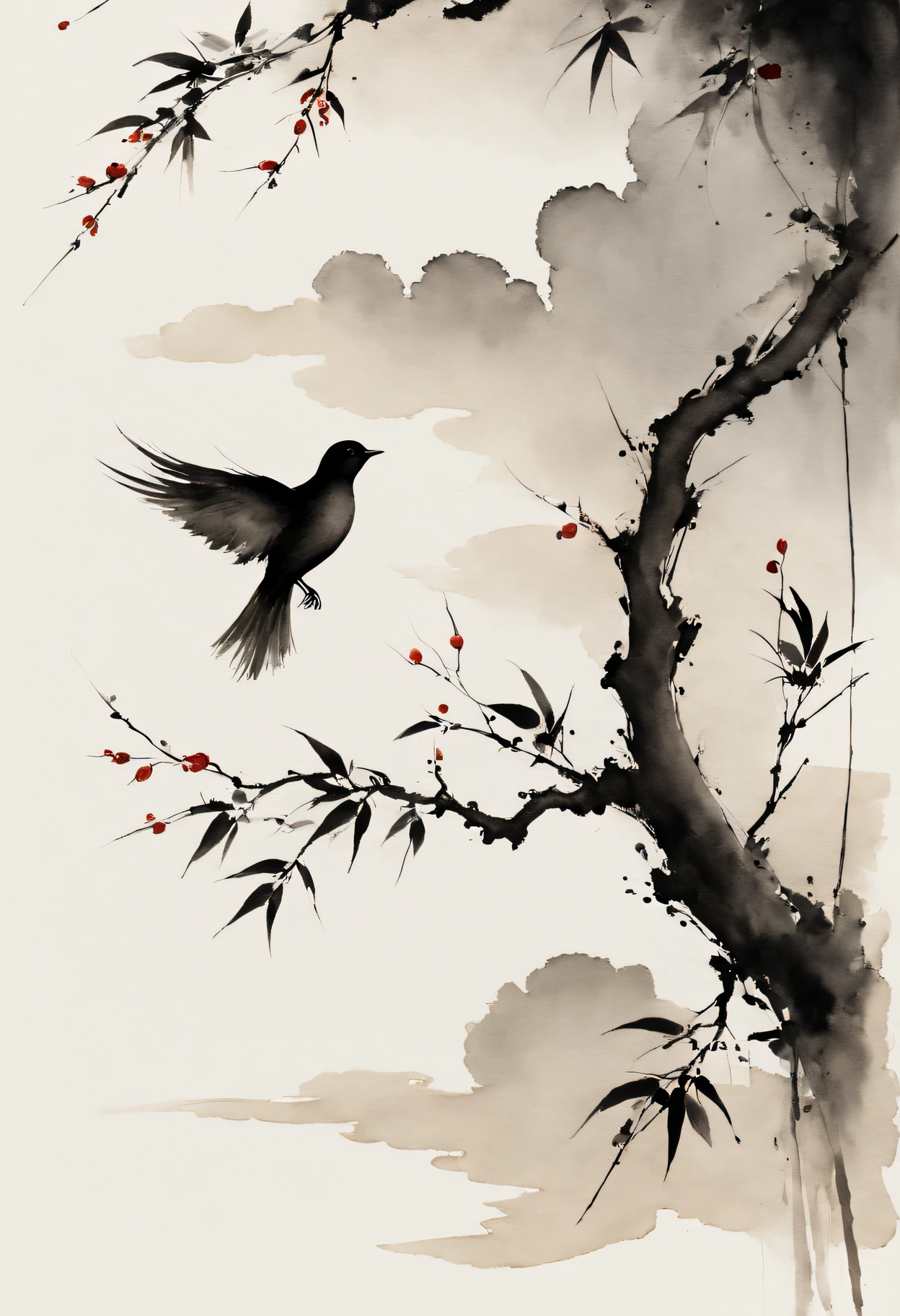(Best quality at best,A high resolution,tmasterpiece:1.2),ultra - detailed,ink and watercolor painting,maximalist,Chinese,birds in branches,Loose brushstrokes, artworks,subtletextures,Elegant and ,Dynamic ink flow,expressive ink,Black and white,Striking,finely detailled,zen feeling,Traditional technology,Artistic interpretation,tranquil ambiance,minimalist aesthetic,Calm atmosphere,full of symbolic meaning,Subtle gradients,harmonious balance,atmosphric perspective,peaceful tranquility,sparse background,Thoughtful touches,Powerful simplicity,Peaceful nature,Balance of positive and negative space,Beautiful movements,Lively brushstrokes,nature harmony,EtherealBeauty,traditional pen and ink techniques,calm expression,artistic minimalism,The tranquility of nature,delicated lines,Fantastical Atmosphere,soothing black ink,Subtle ink,Symbolic imagery