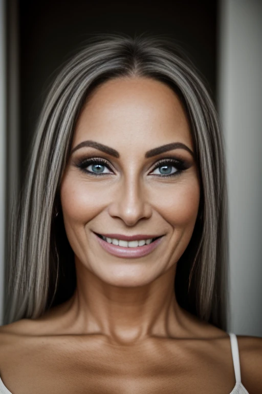 Portrait of a 50 year old woman with long gray hair, mirada seductora, ojos verdes, algunas arrugas en su cara,  8k, Antecedentes detallados, utlra realista, realismo, exta realista, arrugas en el cuerpo, hospital, Traje de enfermera azul, Pose sexy aleatoria, Luz de luna por la tarde, NSFW, Ropa de enfermera con escote alto, hermosa luna llena fuera de la ventana, MOSTRANDO TODO EL CUERPO, cuerpo completo, Extra small tits, small breasts, Mirando al espectador desde abajo, sonrisa ligera, dientes en interior,Soft lighting, Detalle extremo, HDR, pelo corto