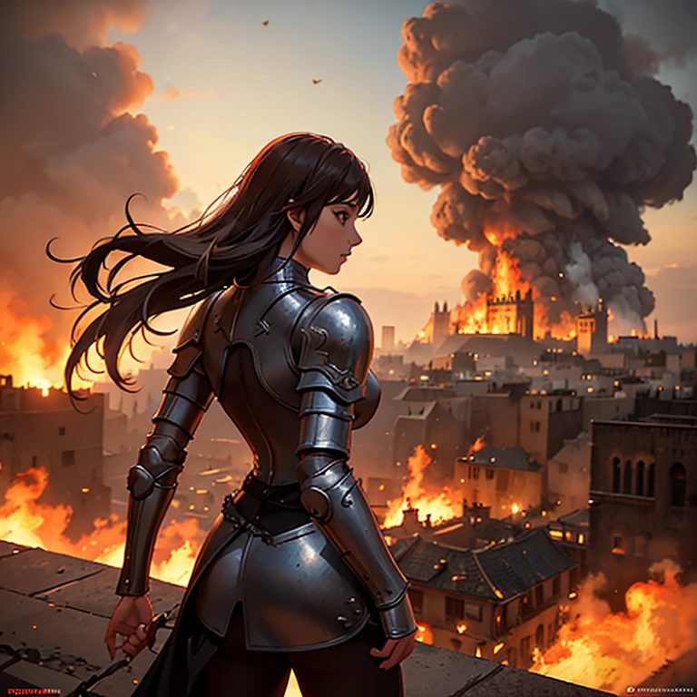 a girl in armor, the Middle Ages, stands with her back in the middle of the streets against the backdrop of a burning ancient city, the city is being burned by a flying dragon, fantasy, high quality, high detail