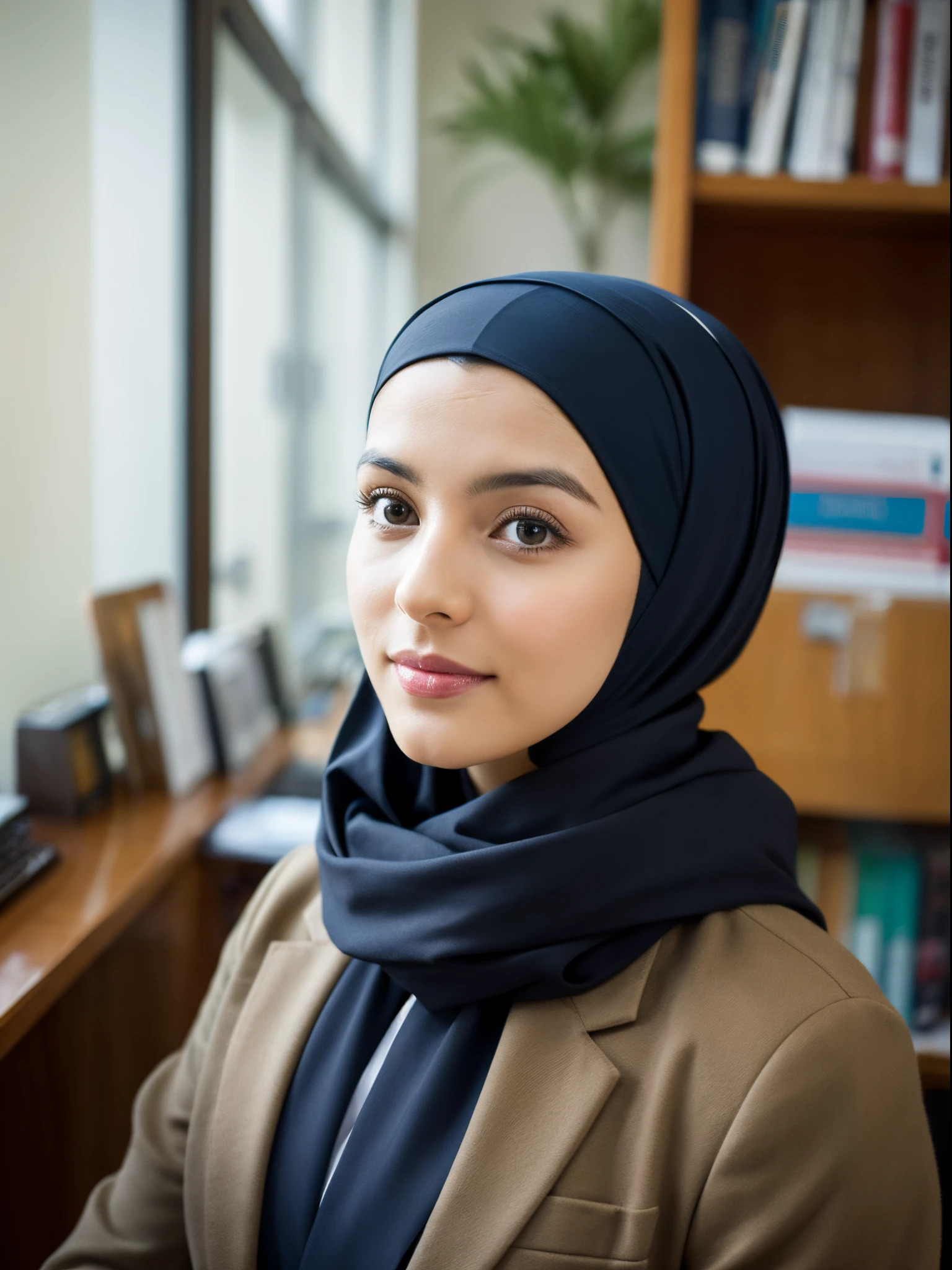 25 years old, headscarf, office