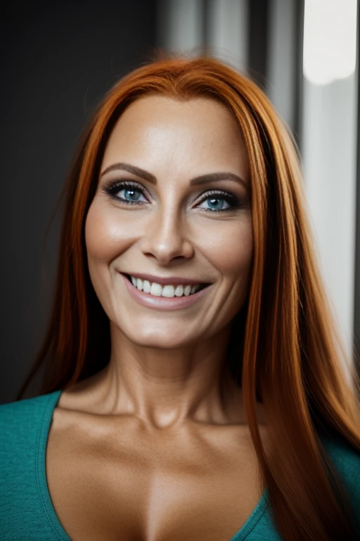 Portrait of a 50 year old woman with long red hair, mirada seductora, ojos verdes, algunas arrugas en su cara,  8k, Antecedentes detallados, utlra realista, realismo, exta realista, arrugas en el cuerpo, hospital, Traje de enfermera azul, Pose sexy aleatoria, Luz de luna por la tarde, NSFW, Ropa de enfermera con escote alto, hermosa luna llena fuera de la ventana, MOSTRANDO TODO EL CUERPO, cuerpo completo, Extra small tits, small breasts, Mirando al espectador desde abajo, sonrisa ligera, dientes en interior,Soft lighting, Detalle extremo, HDR, pelo corto