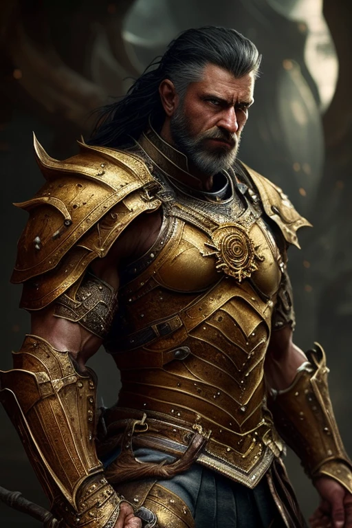 (Masterpiece), (Extreme), (Super detailed), (Full Body), a Viking in golden armor, wielding a shield in his left hand and a hammer in his right hand coming out of rays, full body image, futuristic detailed background, strong man, radiating a golden light of armor, muscular, showing the abdominal muscles, abdominal muscles to show, in position of attack, expression with anger, Show the shield in detail