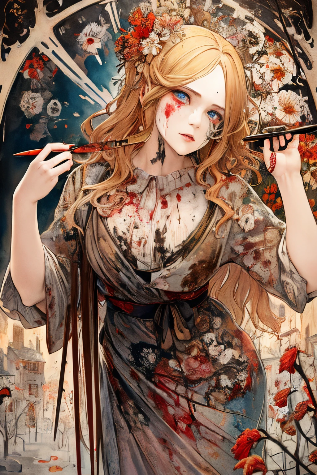 SFW,masutepiece, Best Quality, High resolution, 1girl, upper body, Details , detail hands, Detail fingers, Detail Face, detail legs, watercolor paiting, in graveyard, blonde hair, long hair, wavy hair, tattered clothes, blue eyes, zombie, skull, bone, (art nouveau:1.25), Maximalism artstyle, neon theme, suprematism, crying, beautiful detailed eyes,hyper detailed, beautifuly color, high details, high quality, back light, upper body , high quality, hair with body, cluster amaryllis, rotungwoka person, knife, in village, dead flower, bloody
