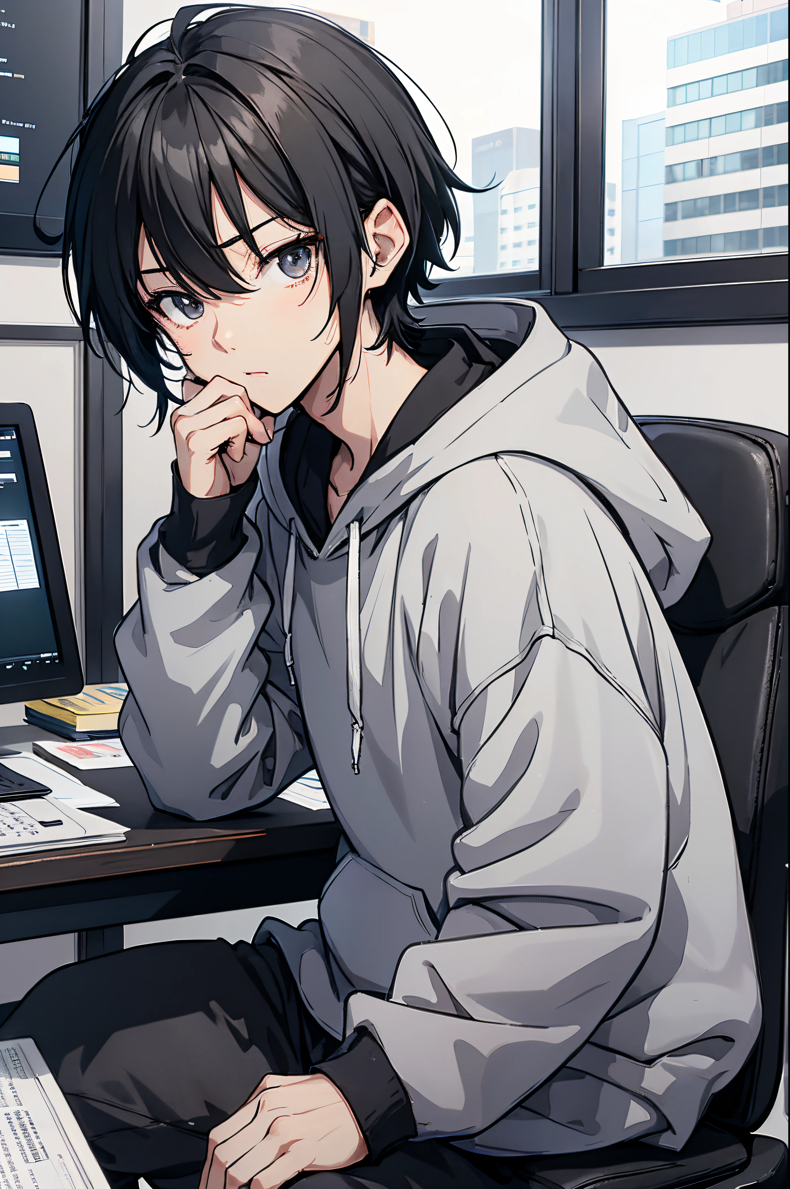 An anime boy with short black hair wearing a gray hoodie is sitting at his office desk.., (Run task 1.5) (tired expression 1.5) (Sweat 1.3) (wallpaper company office 1.3) anime style 4 k, Animation Rendering, Anime style. 8K, Handsome anime face (Upper Body Display 1.2) (handsome boy 1.3) (Cinematic Light 1.5) (View profile 1.8) (full shot 2)