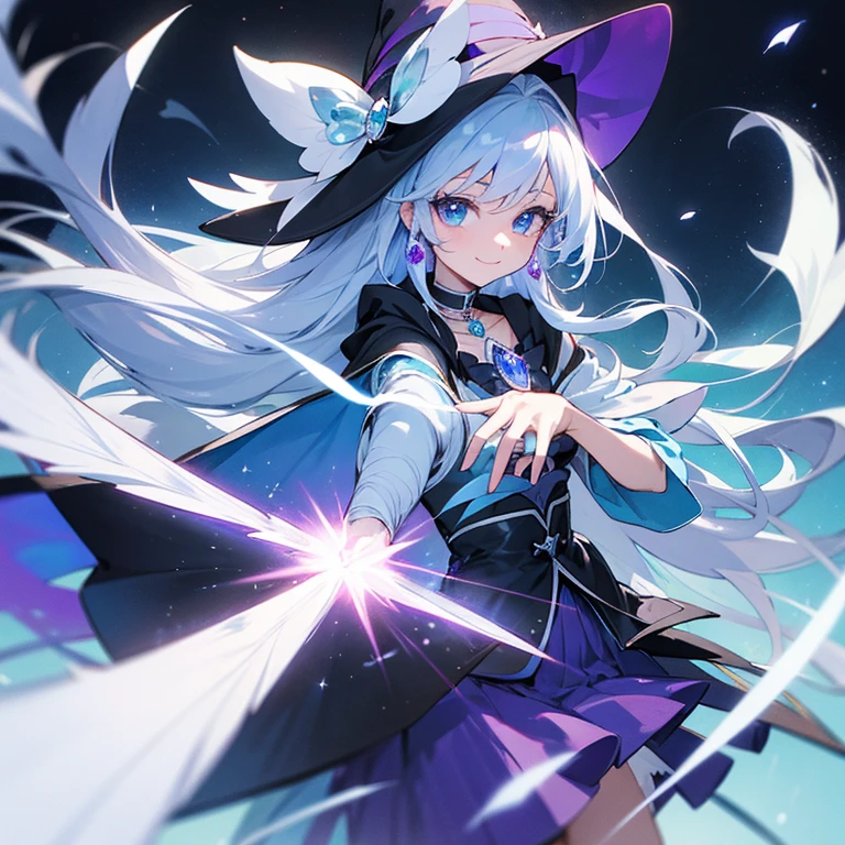 Human Female,27yo,Adults,Alone,Precure,white precure,Fight with magic,Longhaire,pure white hair,Big blue eyes,Sparkling eyes,black and white fishtail skirt with blue jewels,white cloak decorated with colorful jewels,White ribbon,a white collar,rot,Blue,Purple,blanche,pure,kindly smile,Cool,animesque,the witch,bro,uses magic,European style,colourfull,sapphires,Tanzanite,aquamarine,ruby,garnet,amethyst,opal,Diamonds,krystal,Crow's feathers,white and black witch hat with ribbon and white feathers,magic wand with aurora gemstone,icy,loimu,optic,Silver Light,use rainbow magic,Rainbow Light,Forward-facing,Best Quality,high-level image quality,hightquality,a moon,Aurora,stele,No logo