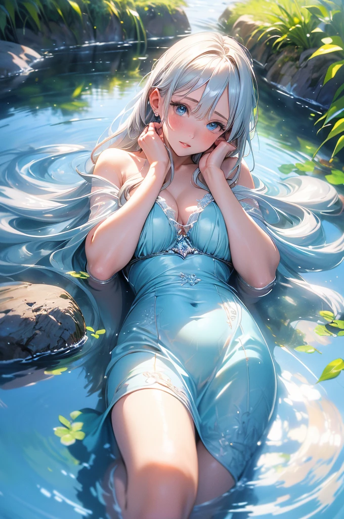 (best quality,highres:1.2),ultra-detailed,natural lighting,captivating,ethereal,airy,delicate portrait,beautiful detailed eyes,beautiful detailed lips"frozen in time" vibe,garden backdrop,sparkling sunlight,stunning reflection on water,serene expression,graceful pose,dreamy atmosphere,soft colors,painting-like aesthetic,subtle brushstrokes,photorealistic rendering