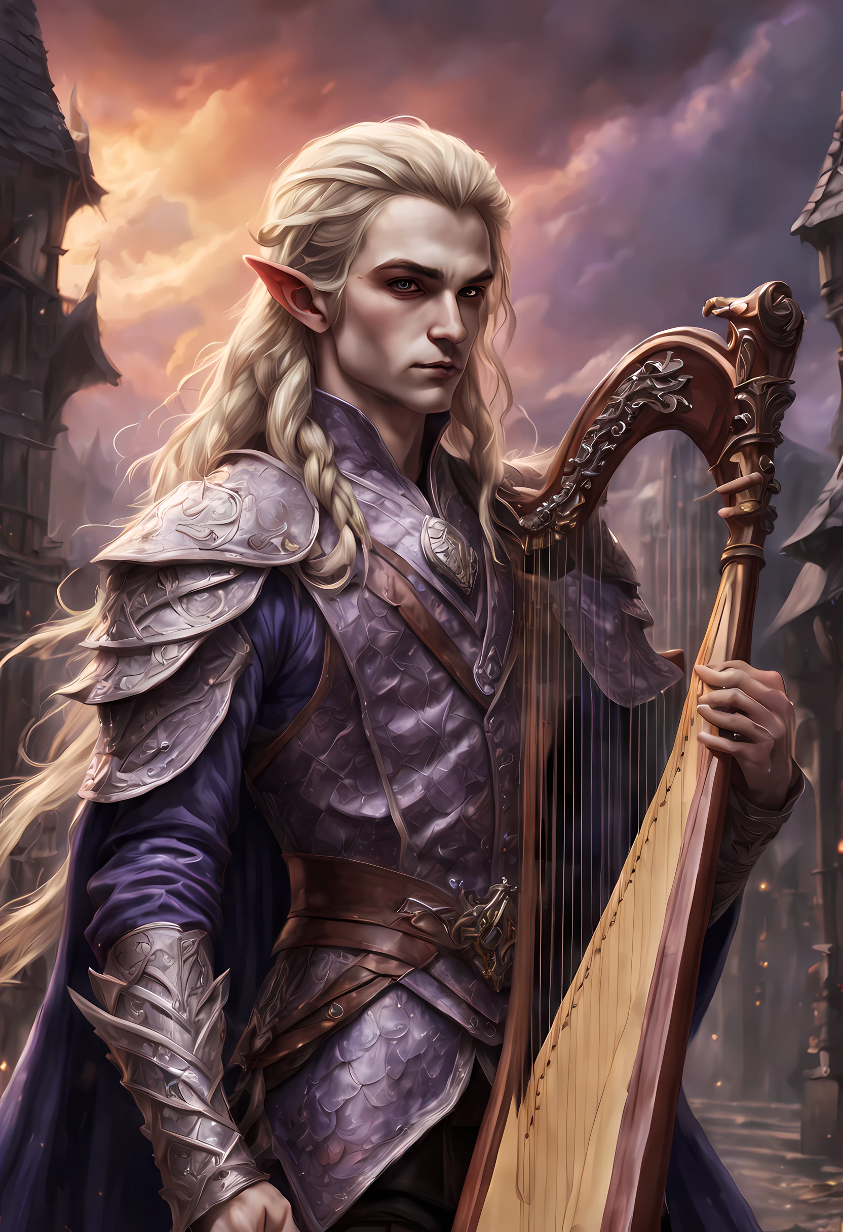 antasy art, dnd art, RPG art, wide shot, drkfntasy (masterpiece:1.3), full body, intense details, highly detailed, photorealistic, best quality, highres, portrait of 1(male: 1.4) half elf (fantasy art, Masterpiece, best quality: pale skin, intense details facial detail (fantasy art, Masterpiece, best quality: 1.4) bard, exquisite beauty, (blond hair: 1.3), braided hair, smirking in arrogance, intense purple eyeantasy art, Masterpiece, best quality: 1.3) holding a ( small harp: 1.4) (fantasy art, Masterpiece, best quality: 1.4)wearing heavy (heavy armor, wearing) F41Arm0rXL wearing laced boots, wearing a cloak, smiling an arrogant smile, standing in fantasy street, there are (dark red clouds: 1.3) , (dark yellows clouds: 1.3) above, sense of gloom, sense of dread, depth of field, reflection light, high details, best quality, 16k, [ultra detailed], masterpiece, best quality, (extremely detailed), dynamic angle, ultra wide shot, photorealistic, RAW, fantasy art, dnd art, fantasy art, realistic art