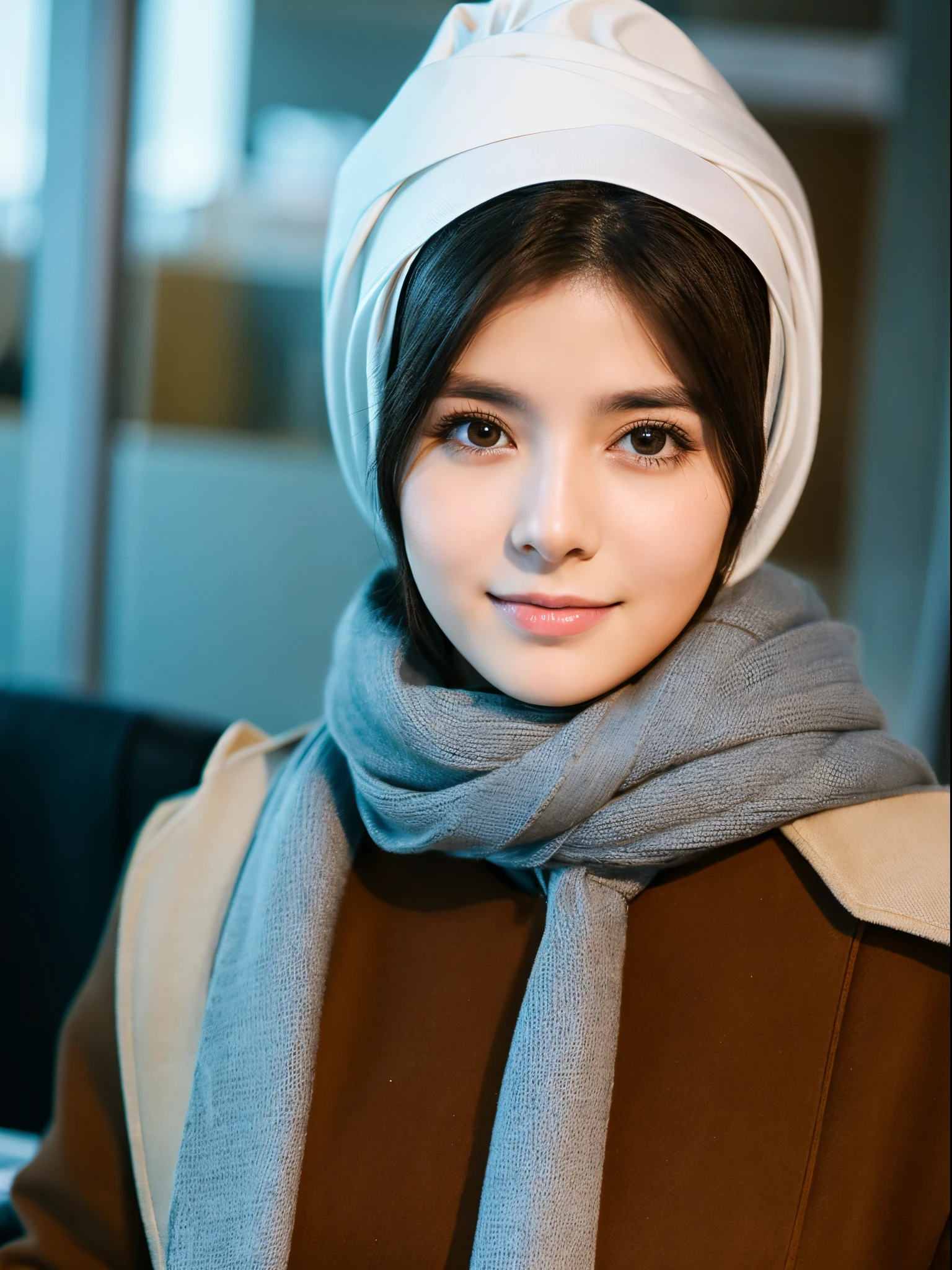 A Muslim beauty，wears a long robe，Wear a scarf on your head，Delicate facial features