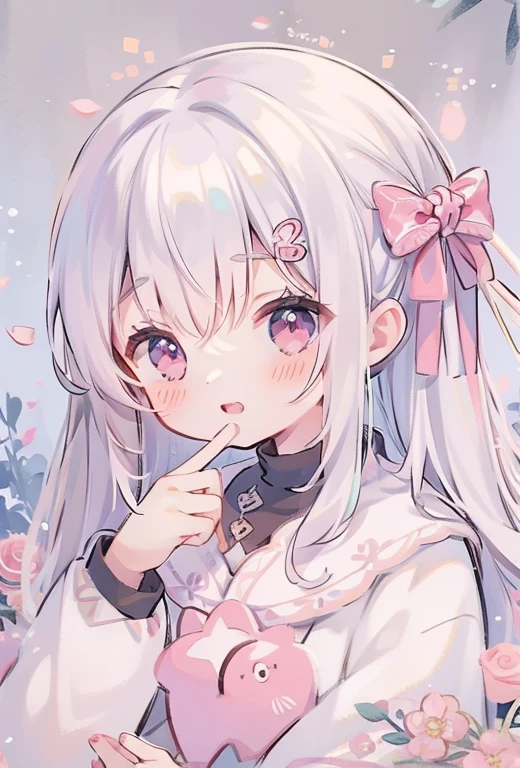 masutepiece, Best Quality, 8K resolution, Sharp Focus, intricate detailes, Beautiful Girl, Sparkling eyes, Golden Ratio Face, watercolor paiting, Pastel colors, Sharp Focus, High resolution, Fine detail, Liquid Ball Gown, ((Round eyes))White hair、Pink eyes、About 12 years old、White hair、Very transparent、An ultra-high picture quality、high-level image quality