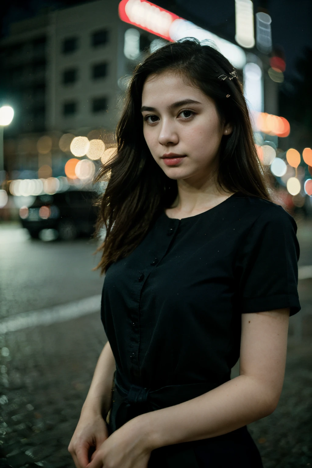 ((best quality)), ((masterpiece)), (detailed), realistic photograph, indonesia girl, polaroid photo, night photo, photo of 24 y.o beautiful woman, pale skin, bokeh, motion blur