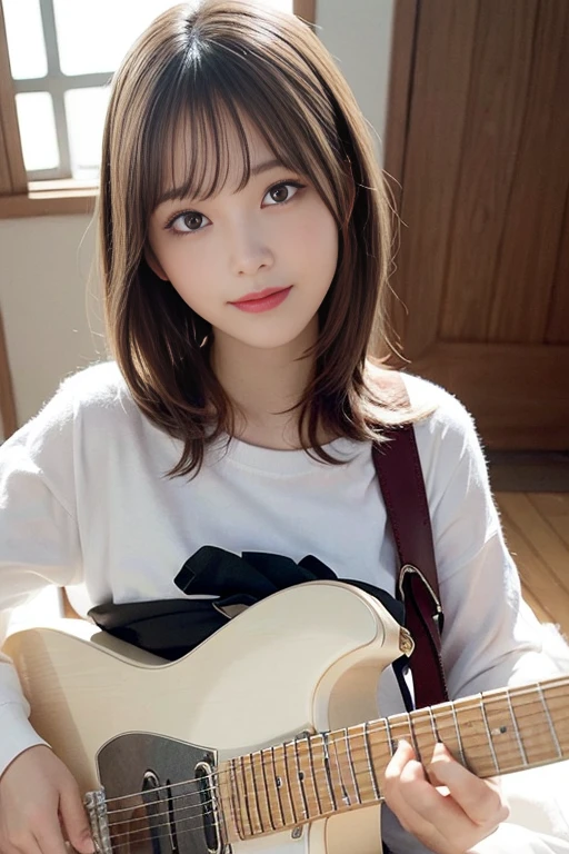 finely detail, hight resolution, hightquality、Perfect dynamic composition, Beautiful detailed eyes, A dark-haired、Longhaire, small tits、Natural Color Lip,Kamimehibuya、20 years girl、1 persons、Transparent skin、Glowing hair、A smile、masutepiece, Best Quality, Illustration, Ultra-detailed, finely detail, hight resolution, 8K、The correct state of the human body、Gravure Model Pose,Hair soaring in the wind、(holding an electric guitar)、(white shirt)