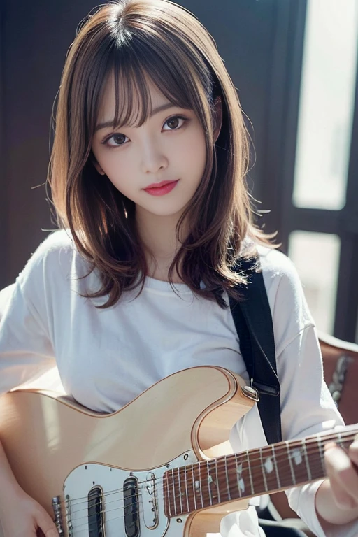 finely detail, hight resolution, hightquality、Perfect dynamic composition, Beautiful detailed eyes, A dark-haired、Longhaire, small tits、Natural Color Lip,Kamimehibuya、20 years girl、1 persons、Transparent skin、Glowing hair、A smile、masutepiece, Best Quality, Illustration, Ultra-detailed, finely detail, hight resolution, 8K、The correct state of the human body、Gravure Model Pose,Hair soaring in the wind、(holding an electric guitar)、(white shirt)