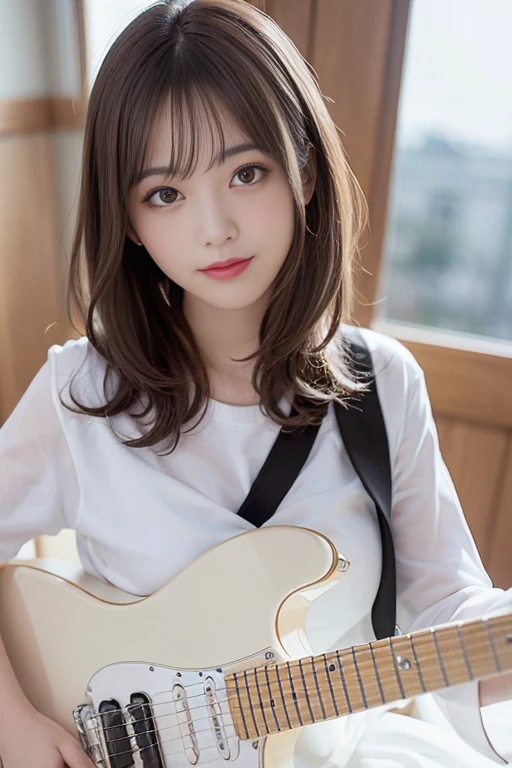 finely detail, hight resolution, hightquality、Perfect dynamic composition, Beautiful detailed eyes, A dark-haired、Longhaire, small tits、Natural Color Lip,Kamimehibuya、20 years girl、1 persons、Transparent skin、Glowing hair、A smile、masutepiece, Best Quality, Illustration, Ultra-detailed, finely detail, hight resolution, 8K、The correct state of the human body、Gravure Model Pose,Hair soaring in the wind、(holding an electric guitar)、(white shirt)