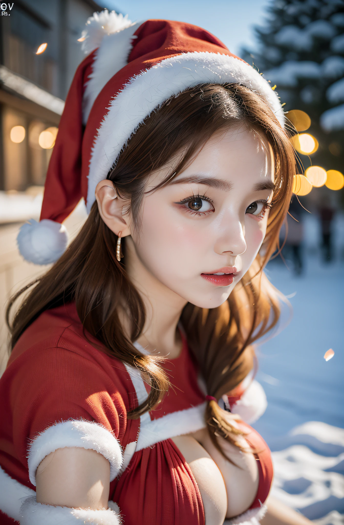 nipples exposed、santa claus、a blond、Snow Santa performance at the ski resort、Photorealistic images of solo idols, Morning Musume inspired by Eri Kamei, Radiates charm and beauty with plenty of bust and subtle exposure of cleavage. Images must reflect the real person at the highest quality possible, Powered by Ultra-HD (16 K) resolution, crisp detail, Vivid colors, Dynamic Range, Soft bokeh, Fine texture, Realistic realism, Pin Sharp Focus. 、Camera Setup 、Nikon D850 and NIKKOR Z 58mm Boobs Boobs Boobs Boobs F。/0.95 S Noct lens, The setting must be ISO 64, F/0.95, a shutter speed of 1/60. --ar 16:9 - V5.1 --Style raw --Q 2 --S 750