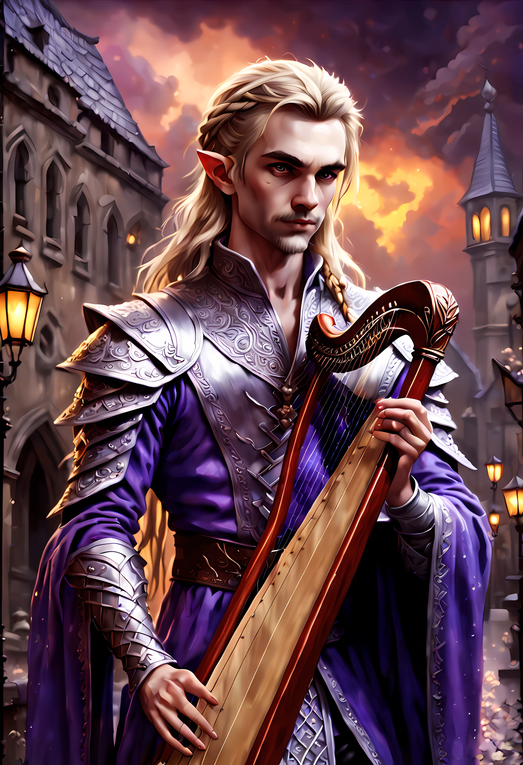 antasy art, dnd art, RPG art, wide shot, drkfntasy (masterpiece:1.3), full body, intense details, highly detailed, photorealistic, best quality, highres, portrait of 1(male: 1.4) half elf (fantasy art, Masterpiece, best quality: pale skin, intense details facial detail (fantasy art, Masterpiece, best quality: 1.4) bard, exquisite beauty, (blond hair: 1.3), braided hair, smirking in arrogance, intense purple eyeantasy art, Masterpiece, best quality: 1.3) holding a ( small harp: 1.4) (fantasy art, Masterpiece, best quality: 1.4)wearing heavy (heavy armor, wearing) F41Arm0rXL wearing laced boots, wearing a cloak, smiling an arrogant smile, standing in fantasy street, there are (dark red clouds: 1.3) , (dark yellows clouds: 1.3) above, sense of gloom, sense of dread, depth of field, reflection light, high details, best quality, 16k, [ultra detailed], masterpiece, best quality, (extremely detailed), dynamic angle, ultra wide shot, photorealistic, RAW, fantasy art, dnd art, fantasy art, realistic art