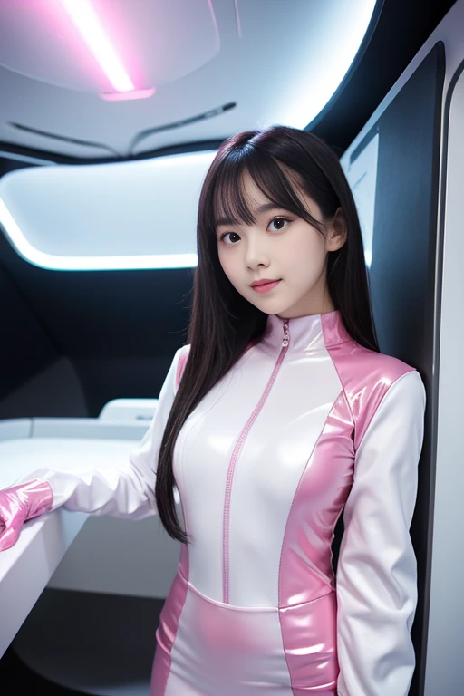 (put index finger on jaw, bend index finger, shiny rubber suit, stare at viewer, leaning forward, 1 girl, looking at viewer, from front, facing straight at viewer, pink and white clothes, white gloves, futuristic space suit, inside spaceship room),
smile, upper body, body suit, mini pencil skirt, high neck clothes, hide the neck, drooping eyes, head tilt, masterpiece, best quality, an extremely cute girl, 20 years old, black hair, pink lines on both sides of clothes