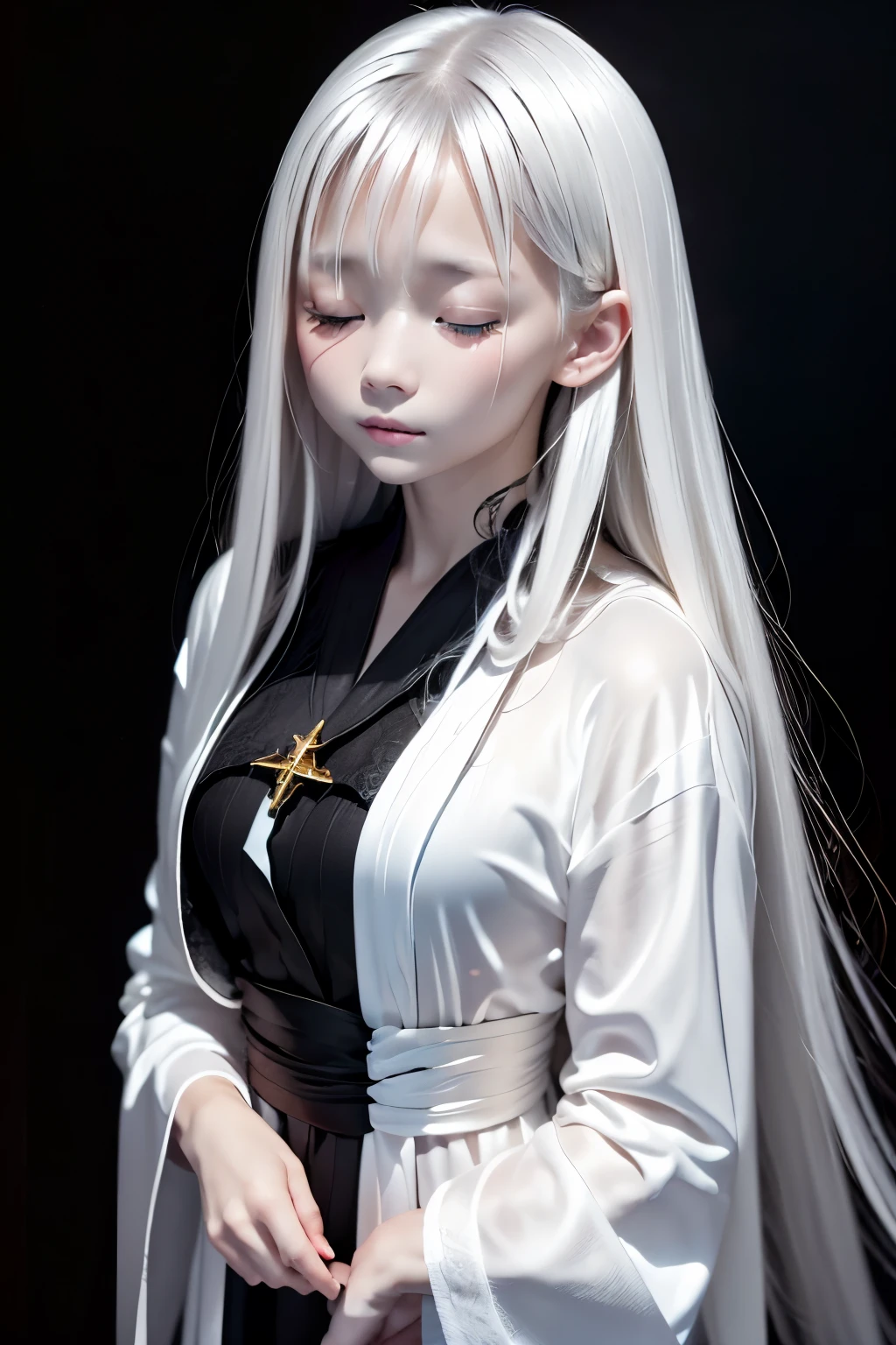 (((Faintly present woman in the dark)))、top-quality、masutepiece、portlate、parfect anatomy、albino、(((独奏)))、Beautuful Women、Extraordinary beauty、sixteen years old、Silky silver hair、length hair、((Close your eyes:1.3))、((Wizard-style white robe))、Freezing、Standing、Silence、cross your fingers in front of your chest、((Black background:1.3)))
