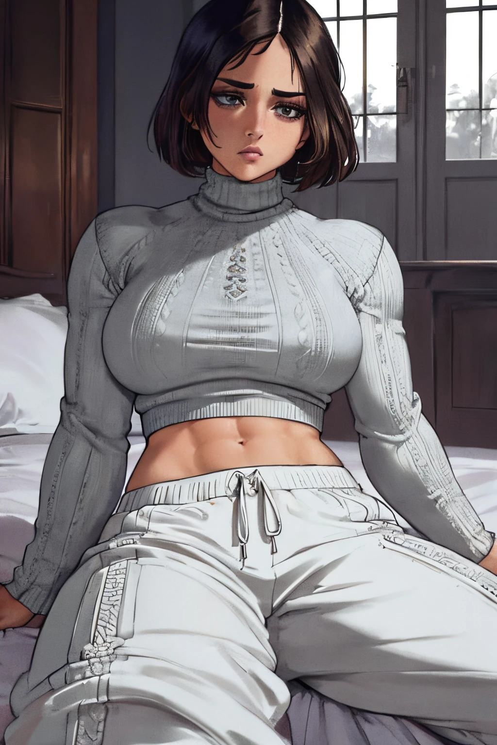 masterpiece!!, detailed eyes!!, best quality, highly detailed, intricate details, absurdres, hyperdetailed, at home, ((muscular female, turtleneck, sweatpants, tired, dark circles under eyes)), (solo female:1.4)