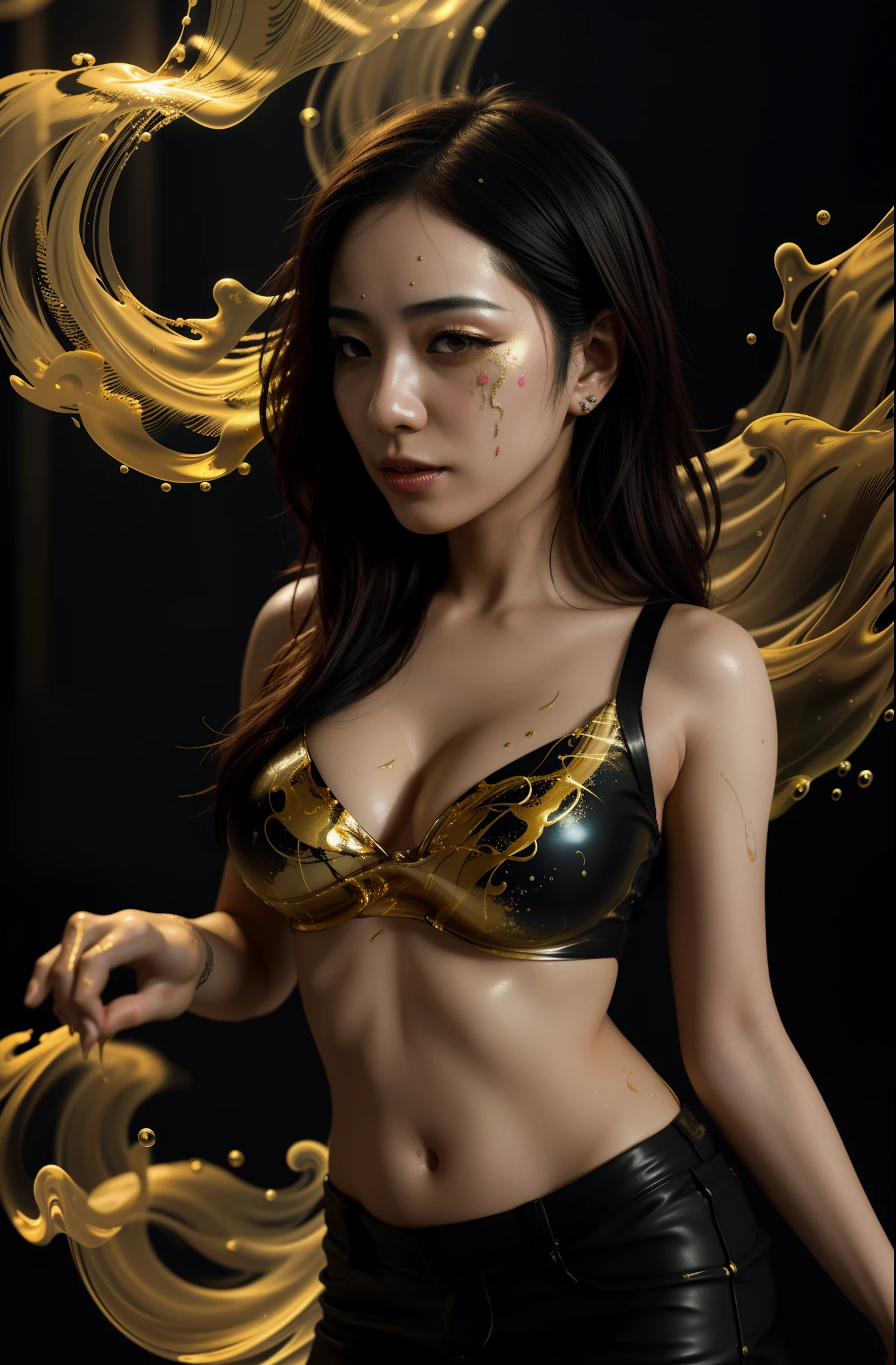 Alberto seveso art, Japanese woman dancing sillhouette, water ink, gold ink water, white ink cloud, bubbles, alberto seveso art, loose painting style, intricate detail, cinematic lighting, octane render, 8k render, volumetric lighting