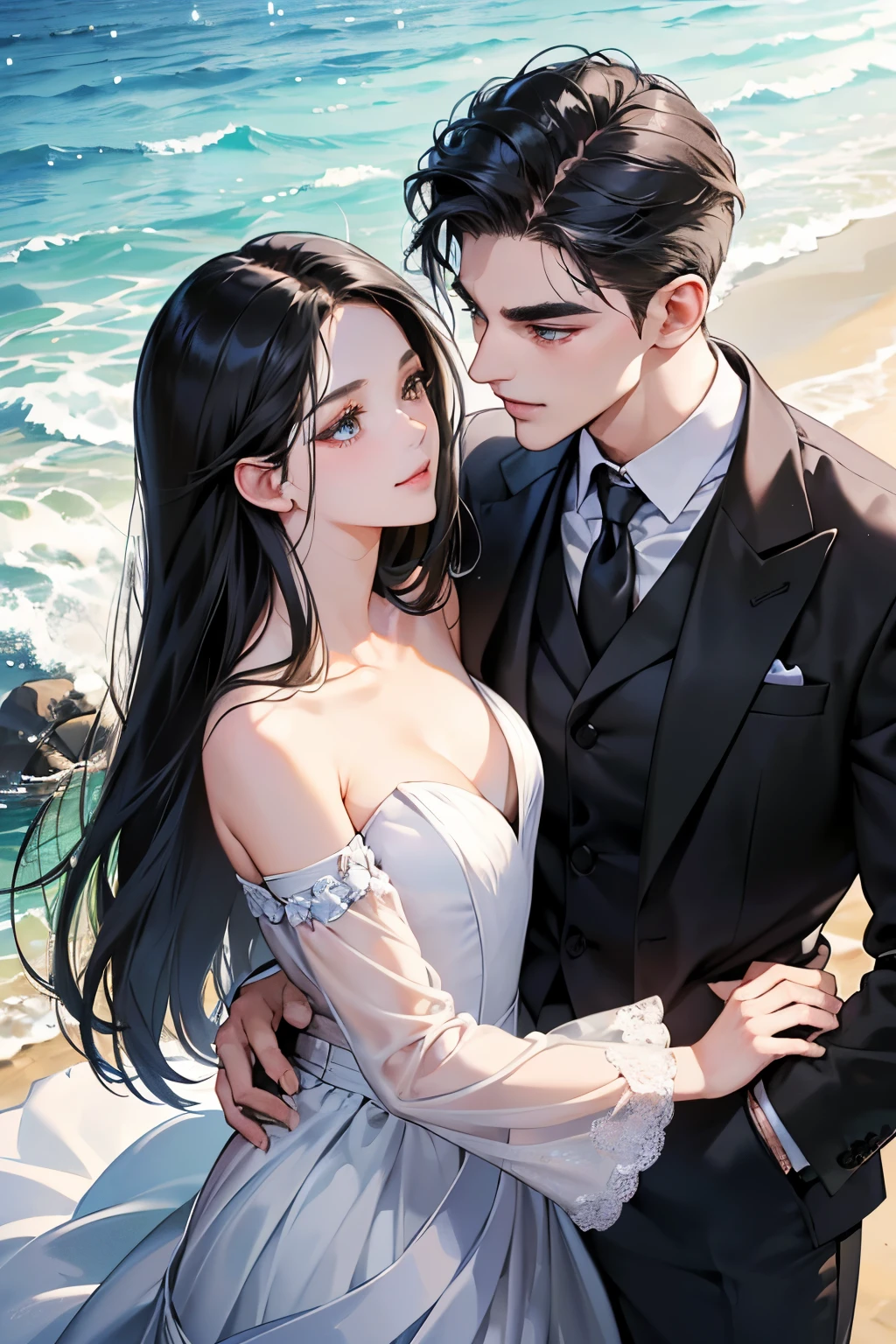 (masutepiece, Digital Art, Digital Illustration, 4K, 8K, Ultra-detailed, beautiful image, Sharp Image, Photorealistic, Raw photo, Perfect face, Perfect lines, Perfect eyes, Soft lighting) ,1 woman, (Long Black Hair,straight haired,Bullish gaze,Beautie,ellegance,Solid makeup,23 y-o woman,small tits:1.3),Two handsome men in suits, (ember,well-muscled,Firm shoulder width, Man's,Boyish hairstyle,English gentlemanly style,Man in his 30s with a cool expression,28-year-old man with bright smile:1.2),Show white teeth and smile(embarrassed from,Shy smile:1.1),shores,Beach,beach wedding、innocent smiles,Laugh、couple kissing、kiss、the kiss、Romance、Mermaid Line Wedding Dresses、Wedding、bouquet of beiragnoria