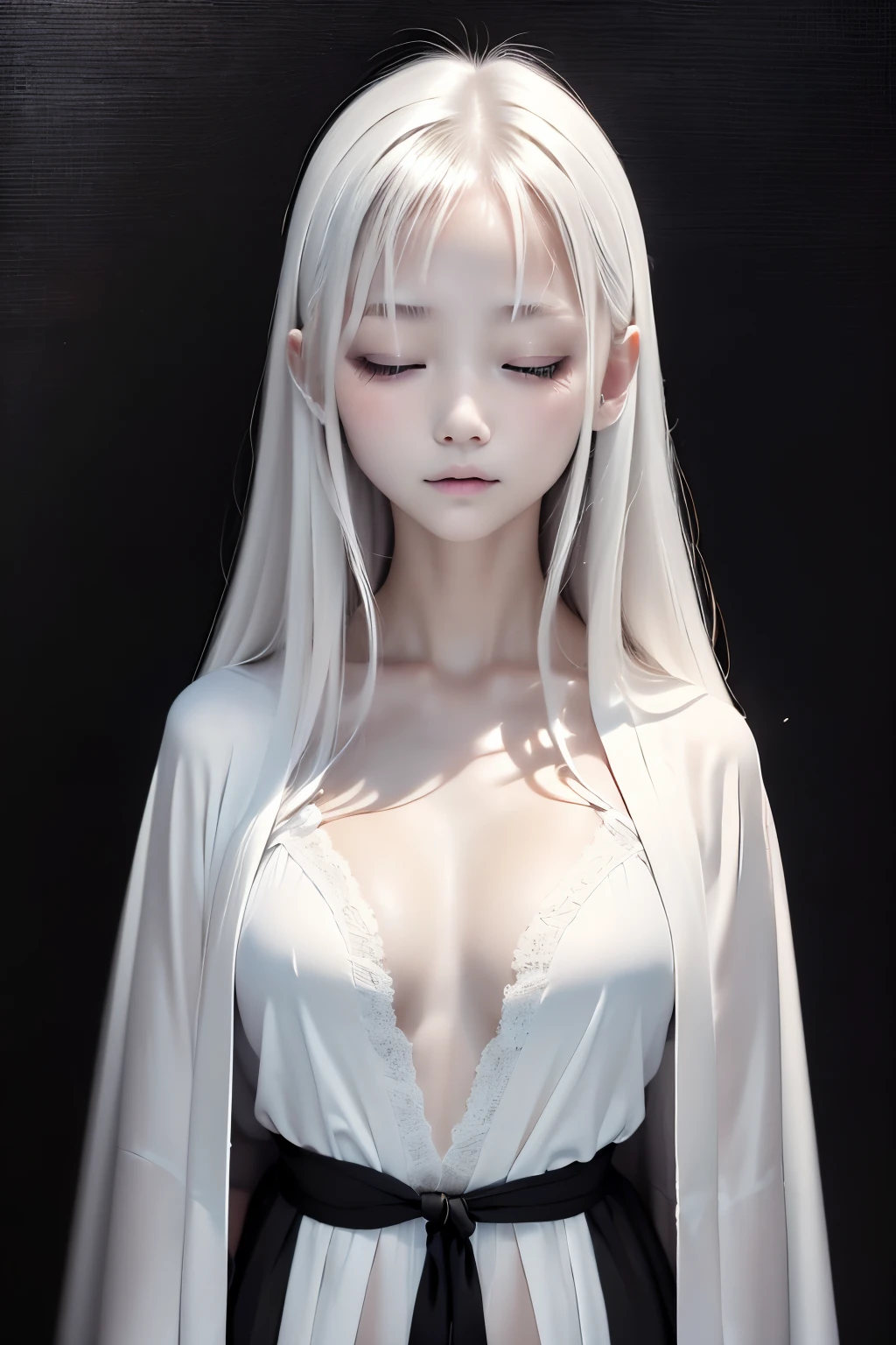 (((Faintly present woman in the dark)))、top-quality、masutepiece、portlate、parfect anatomy、albino、(((独奏)))、Beautuful Women、Extraordinary beauty、sixteen years old、Silky silver hair、length hair、((Close your eyes:1.3))、((Wizard-style white robe))、Freezing、Standing、Silence、cross your fingers in front of your chest、((Black background:1.3)))