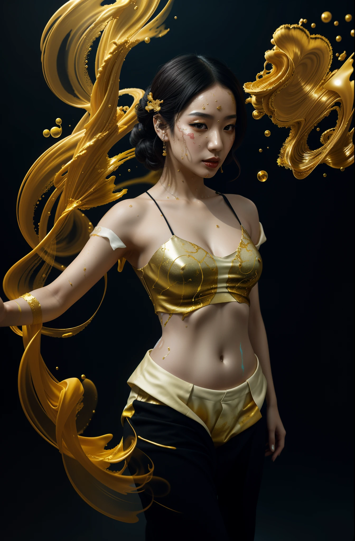 Alberto seveso art, Japanese woman dancing sillhouette, water ink, gold ink water, white ink cloud, bubbles, alberto seveso art, loose painting style, intricate detail, cinematic lighting, octane render, 8k render, volumetric lighting