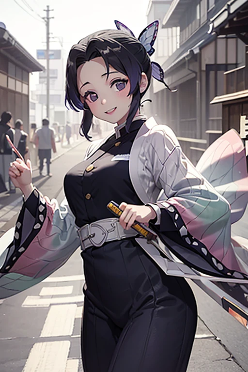 Photo Real、photoRealstic Dark hair、Japan hair ornament、Kanzashi、Flashy hair ornament flashy hairpin、Lots of bangs、hair adornments、Tied hair with round face、drooing eyes、a baby face、cheeks turn red、Smiling happily Brightly colored yukata robes、Japanese Yukata、Yukata with flashy pattern、Yukata with flashy illustrations、Yukata with prominent illustrations、Large belly roll hi-school girl、sixteen years old、japanes、skinny body、Beautiful skin、tiny body、Young Face、The figure of the girl close up bold pose、he enjoys a fun pose、Frolicking、free pose、Unique Pose Background with、Summer Festival Night、skyrocket、Crowds、Crowded alleys、Alley where many people are walking、jpn
