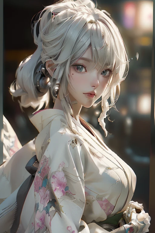 walking around Japan summer festival, (light yellow color kimono:1.3), (Best Quality), ((Masterpiece), (Detail: 1.4), 3D, A Beautiful Cyberpunk Woman, HDR (High Dynamic Range), Ray Tracing, NVIDIA RTX, Super-Resolution, Unreal 5, Subsurface Scattering, PBR Textures, Post-Processing, Anisotropic Filtering, Depth of Field, Maximum Sharpness and Clarity, Multi-layer Textures, Albedo and Highlight Maps, Surface Shading, Exact simulation of light-material interactions, perfect proportions, Octane Render, bicolor light, large aperture, low ISO, white balance, rule of thirds, 8K RAW, close-up of a woman with very long hair and a very large body, perfect anime robot woman, anime robot with organic mix, best anime 4K konachan wallpaper, detailed digital anime art, beautiful girl cyborg, portrait of cyborg queen, cyborg - silver girl, biomechanics oppai, Digital cyberpunk anime art