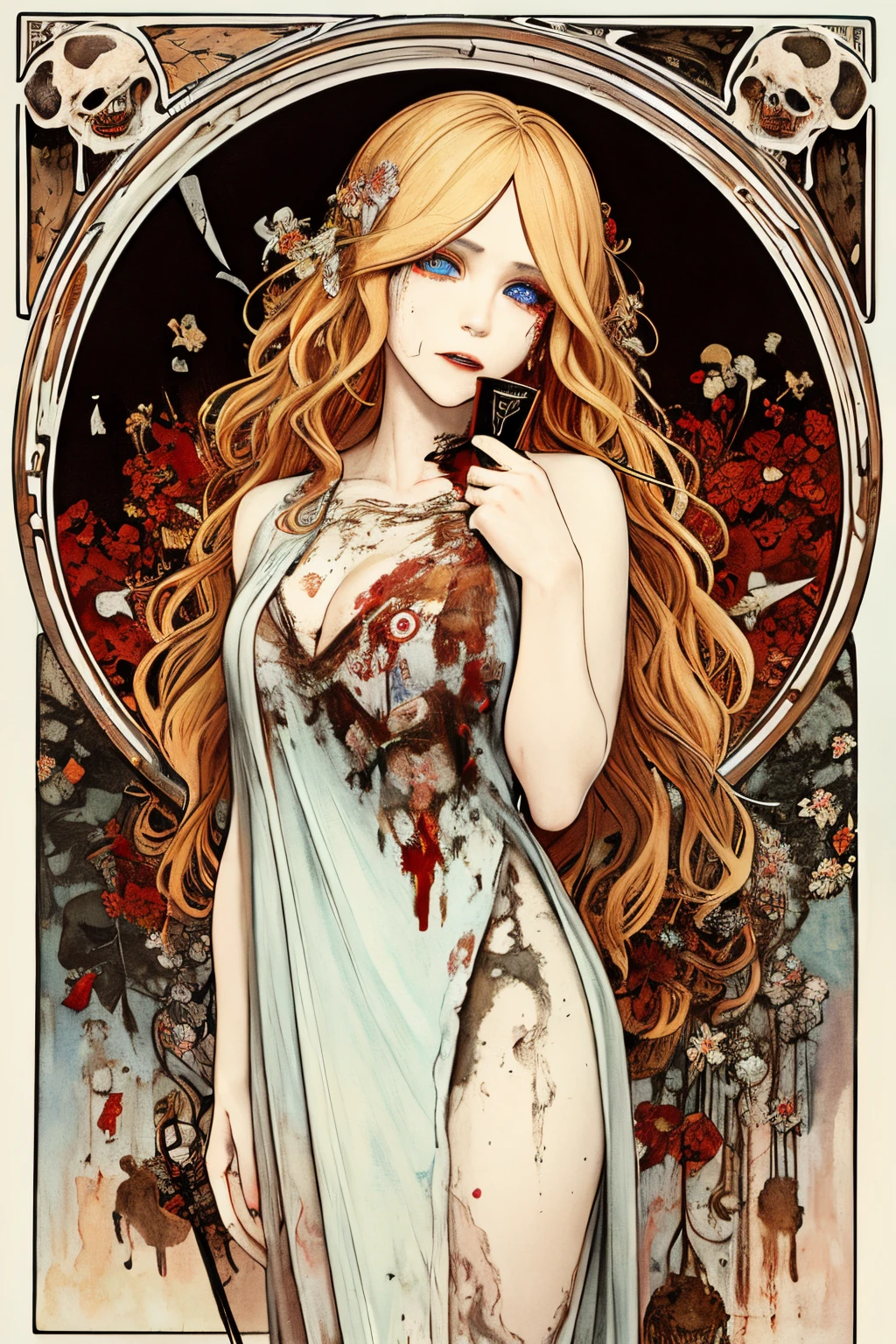 SFW,masutepiece, Best Quality, High resolution, 1girl, upper body, Details , detail hands, Detail fingers, Detail Face, detail legs, watercolor paiting, in graveyard, blonde hair, long hair, wavy hair, tattered clothes, blue eyes, zombie, skull, bone, (art nouveau:1.25), Maximalism artstyle, neon theme, suprematism, crying, beautiful detailed eyes,hyper detailed, beautifuly color, high details, high quality, back light, upper body , high quality, hair with body, cluster amaryllis, rotungwoka person, knife, in village, dead flower, bloody