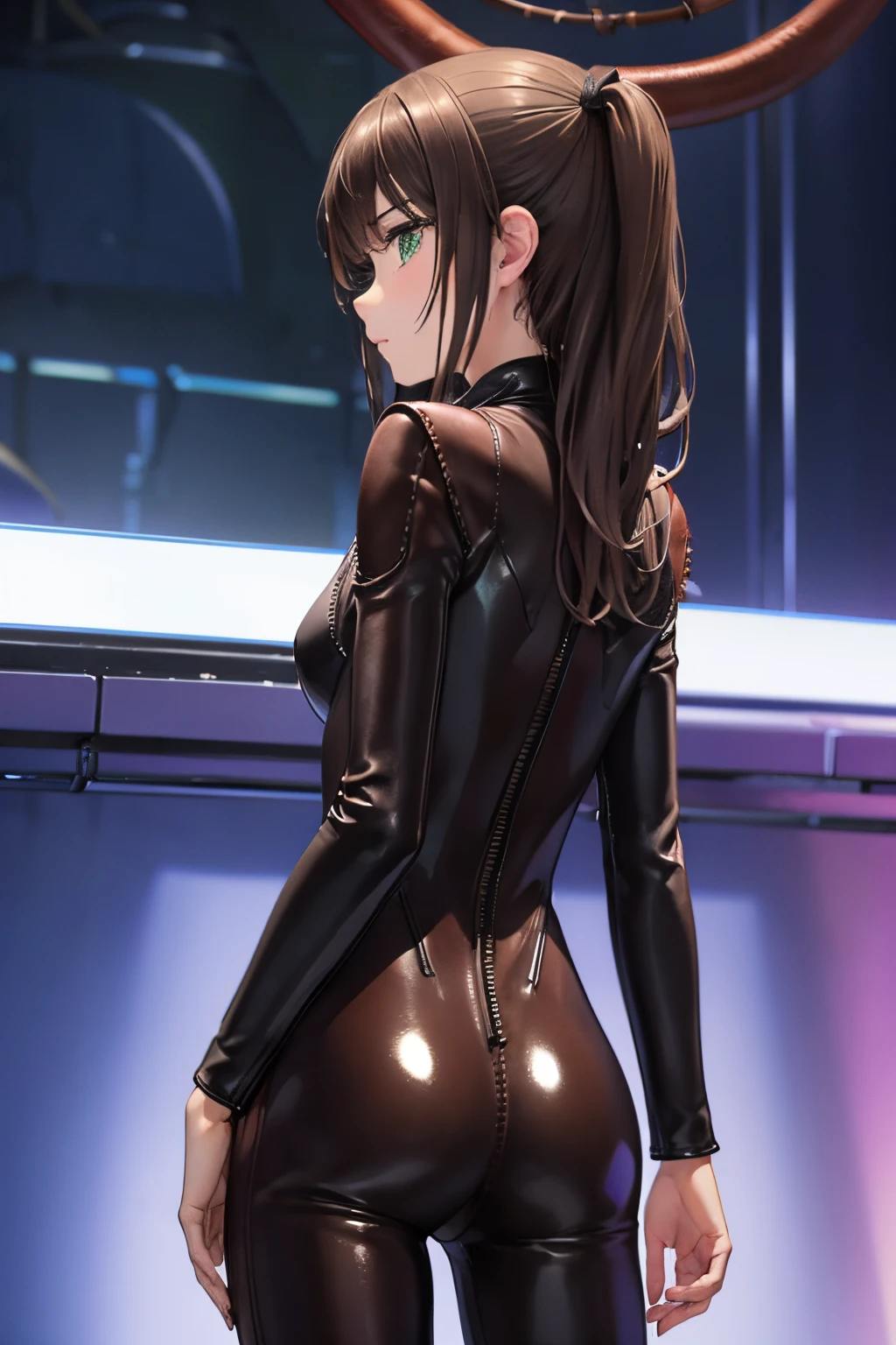 the real thing、1人、ligh brown hair、Longhaire、Twin-tailed、Bewitching face、Green eyes、Infant body shape、((Leather suit:1.5)), Breasts with visible nipples, Slim waist))、a wet body、cowboy  shot、Forward-facing、Shiny body、pee、Looking at the camera、((genitals are visible))、((Shoot from behind))、​masterpiece、top-quality
