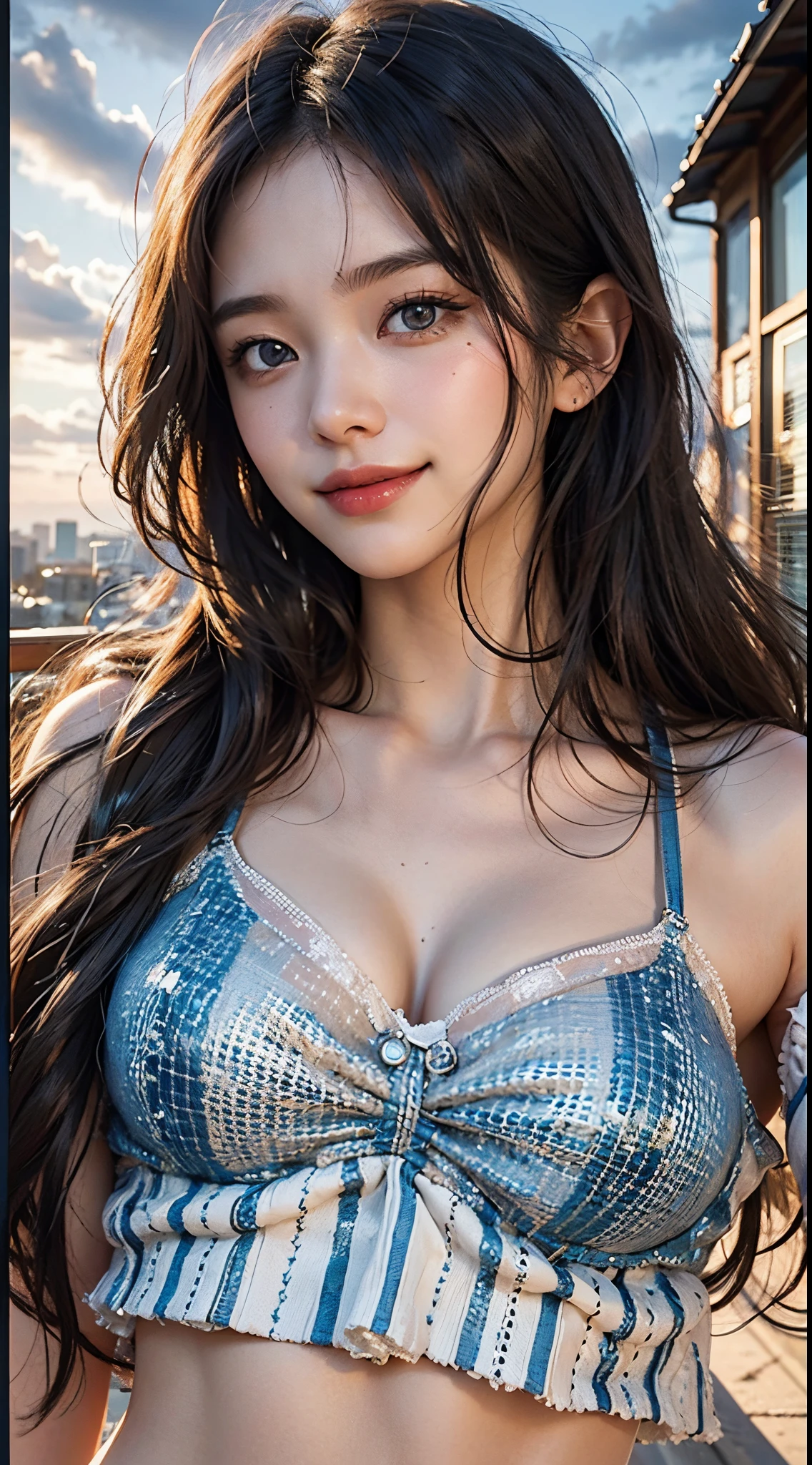 1girl in, Fisheye, Selfie, Wind, hair messy, Sunset, Cityscape, (Aesthetics and atmosphere:1.2),beautiful woman smiling、8K、An ultra-high picture quality、japanes、1 woman around 20 years old、Black hair、short-cut、blue eyes beautiful face、A detailed face、Detailed eyes、realisticeyes、Detailed skin、realskin、Detailed hair strands、dishevled hair、disheveled hair、Slim body、Beautiful body、Nice style、middlebreasts、Soft looking、((Hollow smile))、
