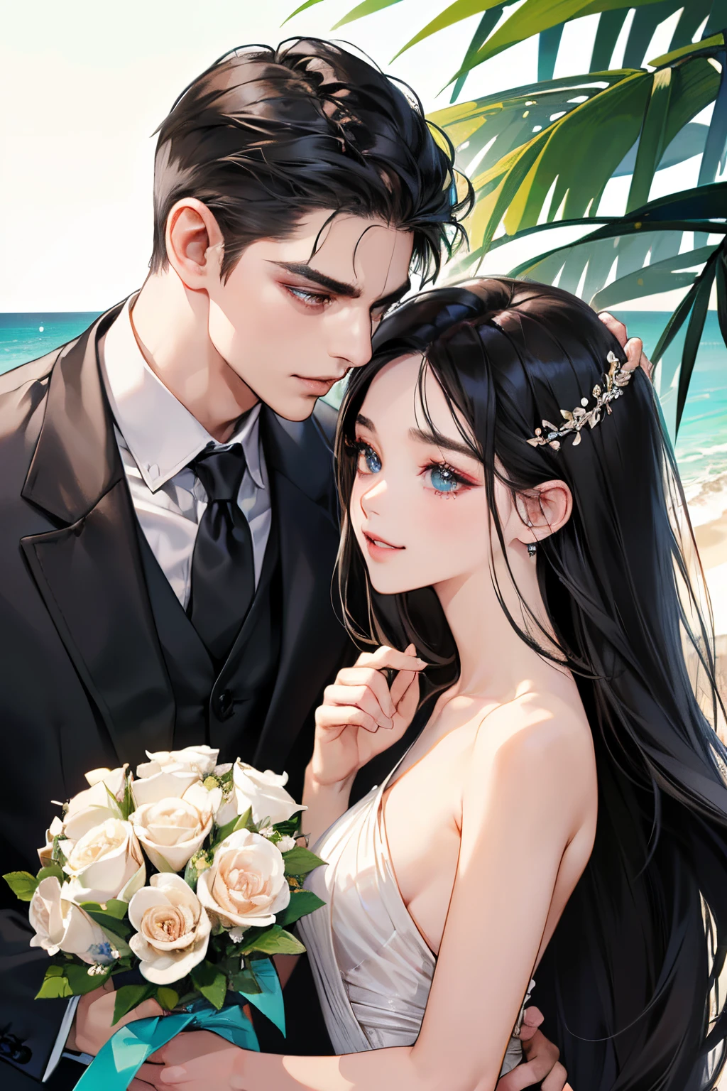(masutepiece, Digital Art, Digital Illustration, 4K, 8K, Ultra-detailed, beautiful image, Sharp Image, Photorealistic, Raw photo, Perfect face, Perfect lines, Perfect eyes, Soft lighting) ,1 woman, (Long Black Hair,straight haired,Bullish gaze,Beautie,ellegance,Solid makeup,23 y-o woman,small tits:1.3),Two handsome men in suits, (ember,well-muscled,Firm shoulder width, Man's,Boyish hairstyle,English gentlemanly style,Man in his 30s with a cool expression,28-year-old man with bright smile:1.2),Show white teeth and smile(embarrassed from,Shy smile:1.1),shores,Beach,beach wedding、innocent smiles,Laugh、couple kissing、kiss、the kiss、Romance、Mermaid Line Wedding Dresses、Wedding、bouquet of beiragnolia