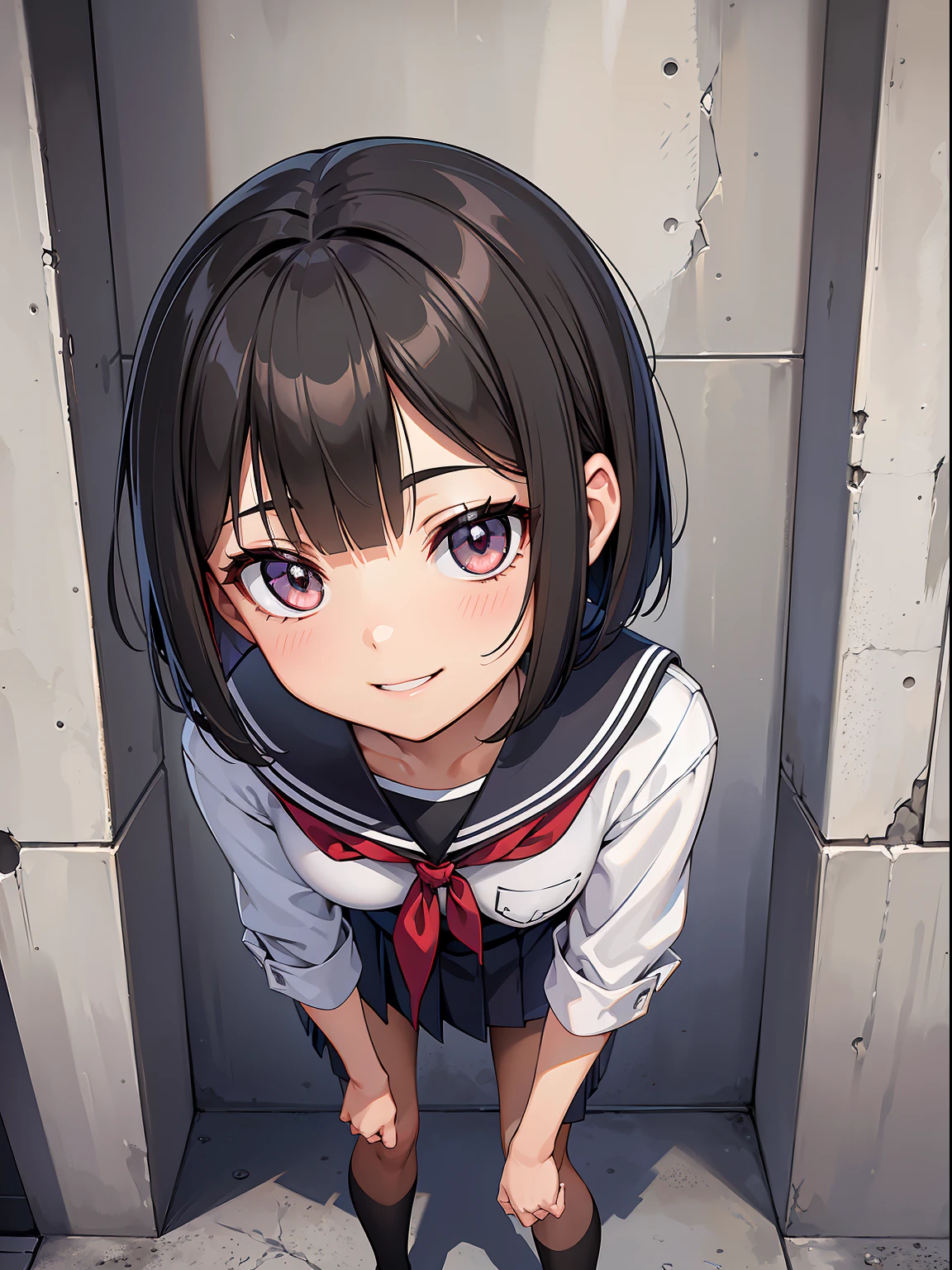 (RAW Photos, Best Quality), (animesque:1.2), (1 female gal), Absurd, awardwinning photo, Extreme Detail, very intricate,, Detailed face + Eyes, ((A dark-haired, bob cuts)), (The face is small), Beautiful eyes, long eyelashes, slenderbody, ((Healthy tan)), Has an aura, a captivating outfit, (High School Uniforms), ((Smiling smile)), ((Concrete walls, Leaning)), Full body portrait, Angle from slightly below, Realistic, Highly detailed, Photography, masutepiece, High quality, High quality, hight resolution, Professional Lighting, (glistning skin:0.9),