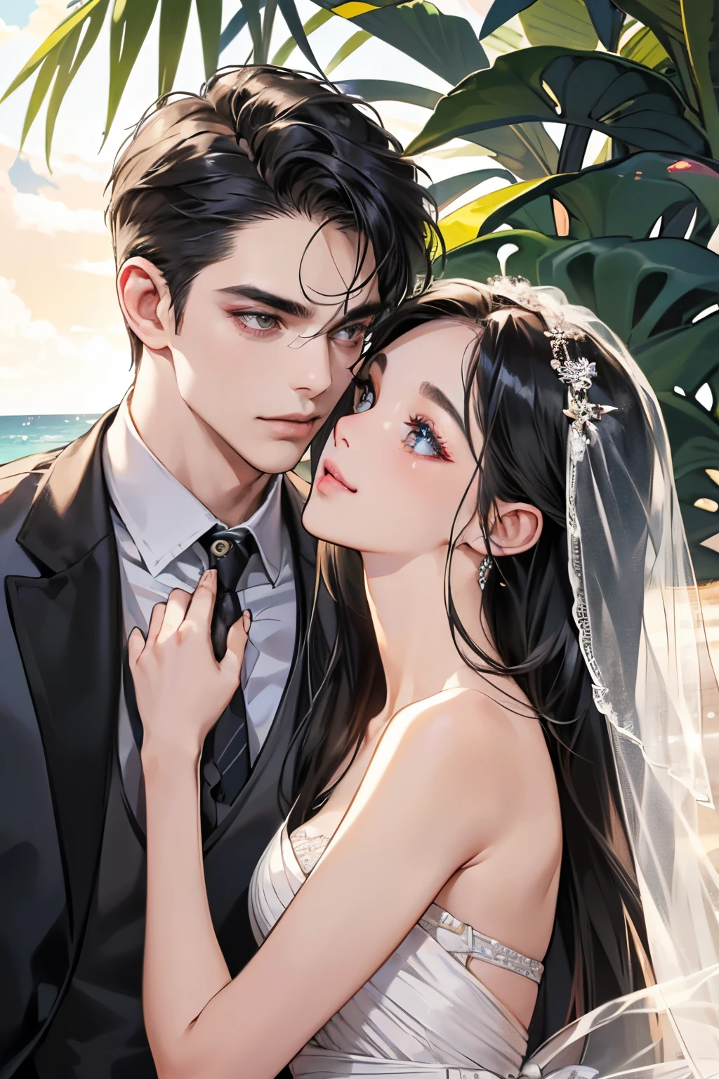 (masutepiece, Digital Art, Digital Illustration, 4K, 8K, Ultra-detailed, beautiful image, Sharp Image, Photorealistic, Raw photo, Perfect face, Perfect lines, Perfect eyes, Soft lighting) ,1 woman, (Long Black Hair,straight haired,Bullish gaze,Beautie,ellegance,Solid makeup,23 y-o woman,small tits:1.3),Two handsome men in suits, (ember,well-muscled,Firm shoulder width, Man's,Boyish hairstyle,English gentlemanly style,Man in his 30s with a cool expression,28-year-old man with bright smile:1.2),Show white teeth and smile(embarrassed from,Shy smile:1.1),shores,Beach,beach wedding、innocent smiles,Laugh、couple kissing、kiss、the kiss、Romance、Mermaid Line Wedding Dresses、Wedding、bouquet of beiragnolia