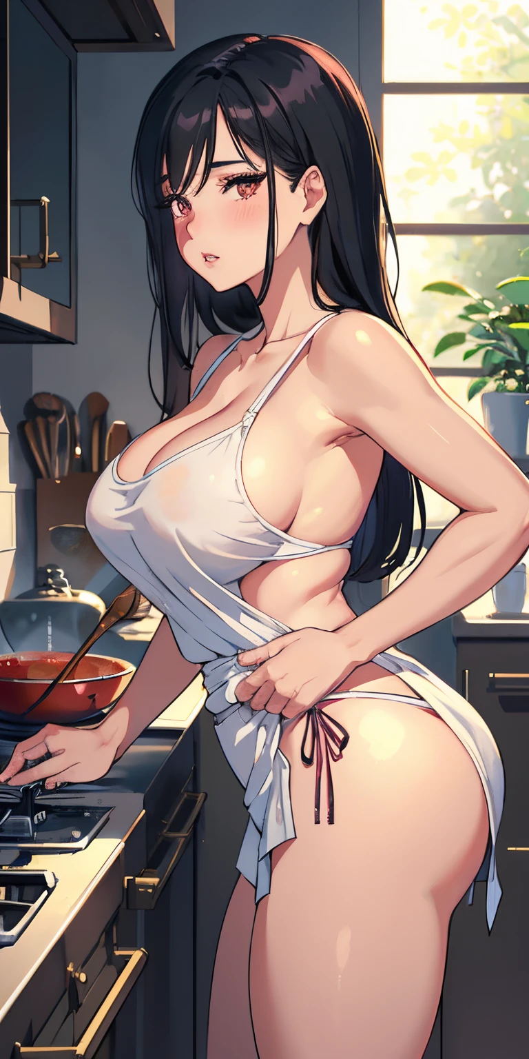 1girl, long hair, mature, milf, parted lips, blush, makeup, provoking, cooking, sapron, kitchen, light rays, glow, thighs, collarbone, narrow waist, (masterpiece), wallpaper, wide angle, from side