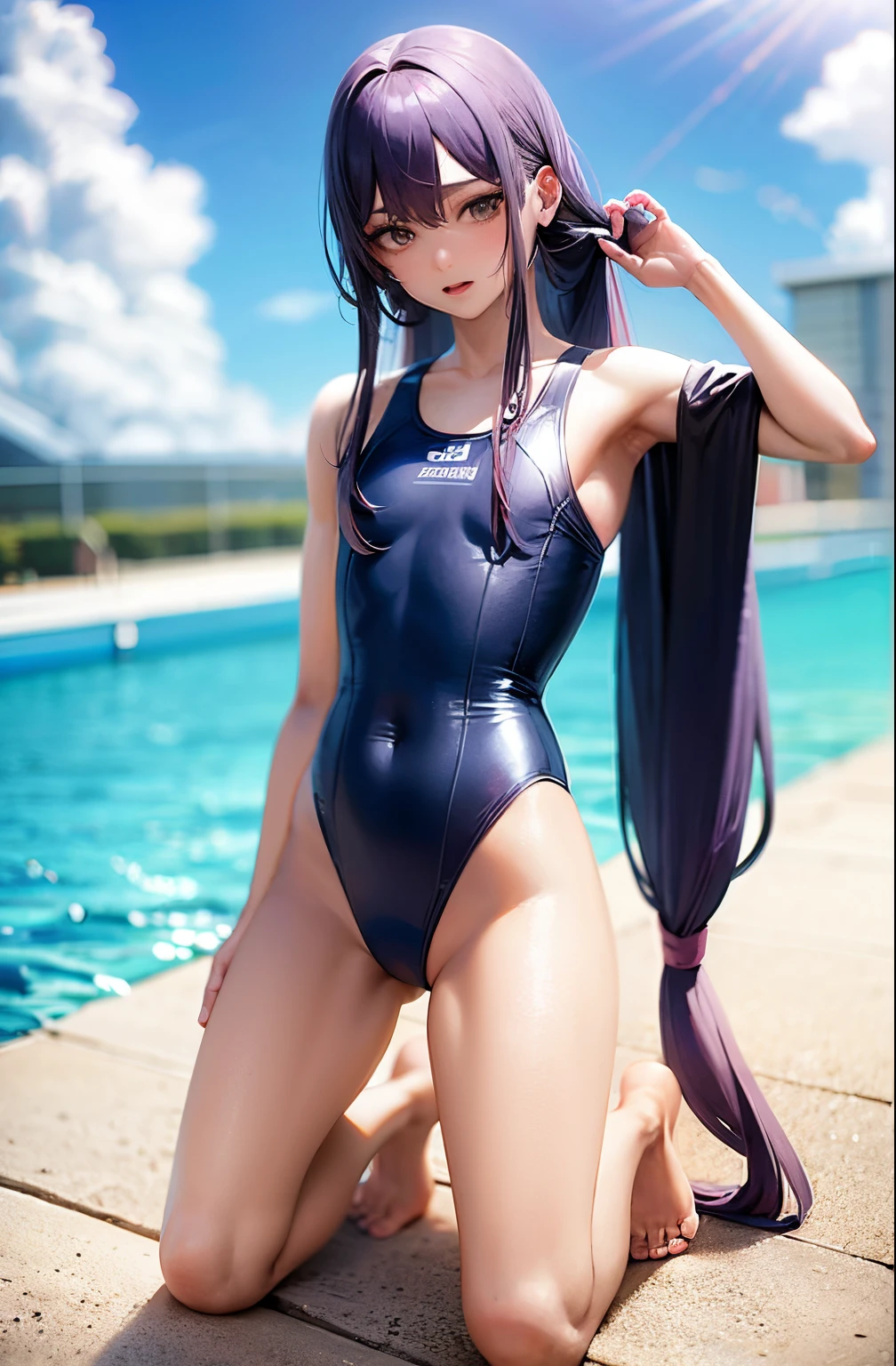 Anime boy in swimsuit posing in pool, Boy With Long Purple Hair, Boy in swimsuit, onepiece swimsuit, Swimsuit, Cool anime boy in a navy blue tanksuit, Navy high-leg racing swimwear, Swimsuit for swimming competitions, garments:High-cut swimwear, high leg racing swimsuit, marin kitagawa fanart, Competitive swimsuit, Full body:: Sunny weather::, swim wears, !!Full body portrait!!, Realistic high cut swimsuit, highleg,