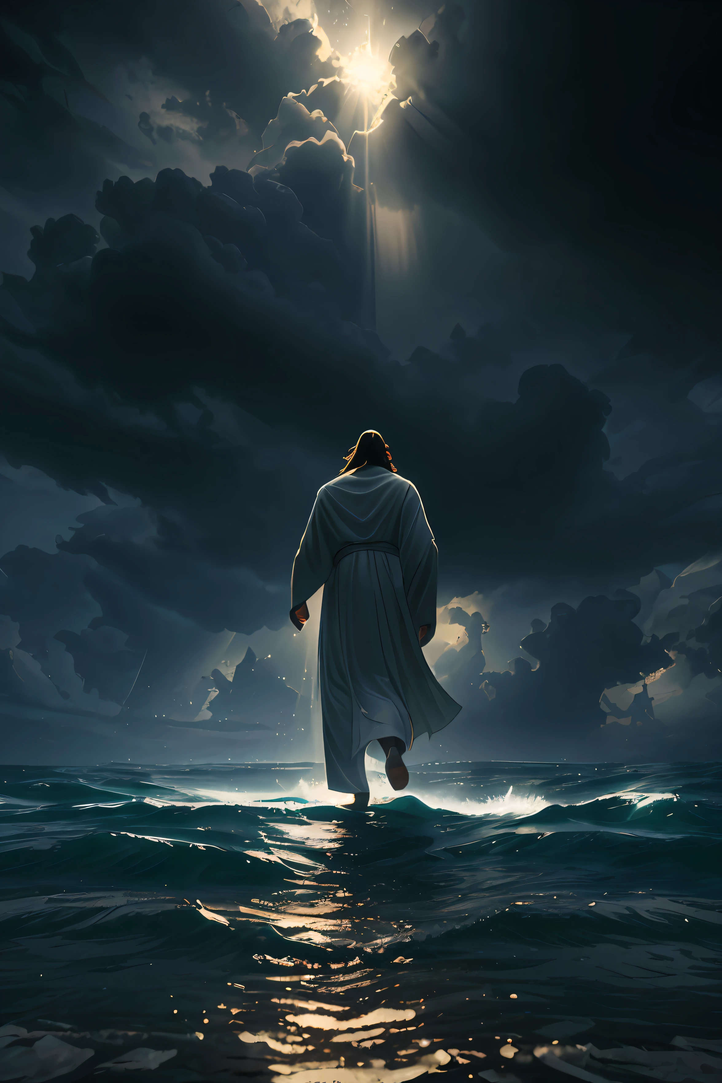 jesus walking on water in a storm, masterpiece, best quality, high quality, extremely detailed CG unit 8k wallpaper, award winning photography, Bokeh, Depth of Field, HDR, bloom, Chromatic aberration, photorealistic, extremely detailed, trending on artstation, trending on CGsociety, intricate, high detail, dramatic, mid-journey art, volumetric lighting --auto