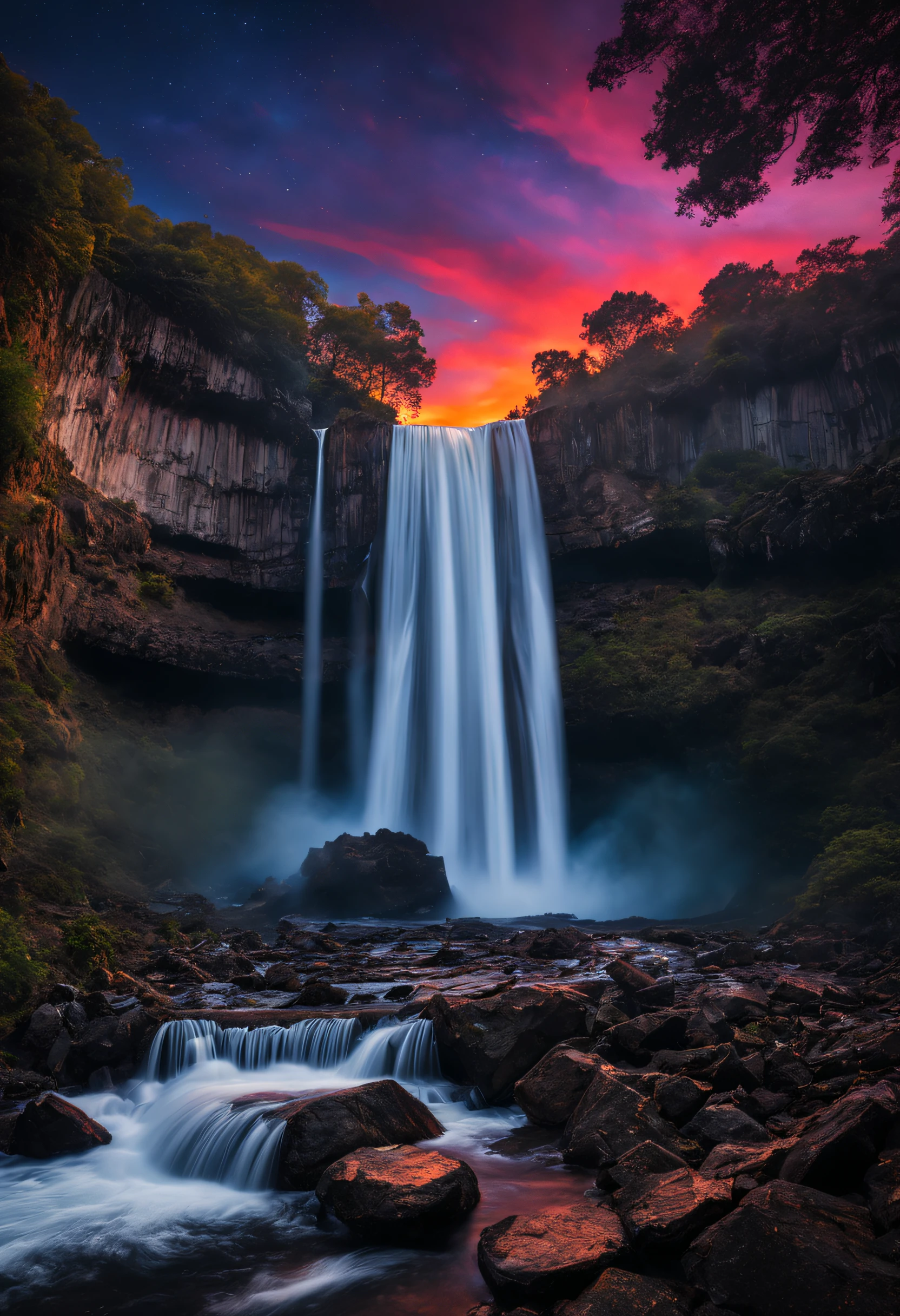 A magnificent sunset in front of extraordinary waterfalls. In the distance we see the galaxy beginning to appear. The colors are magnificent and detailed